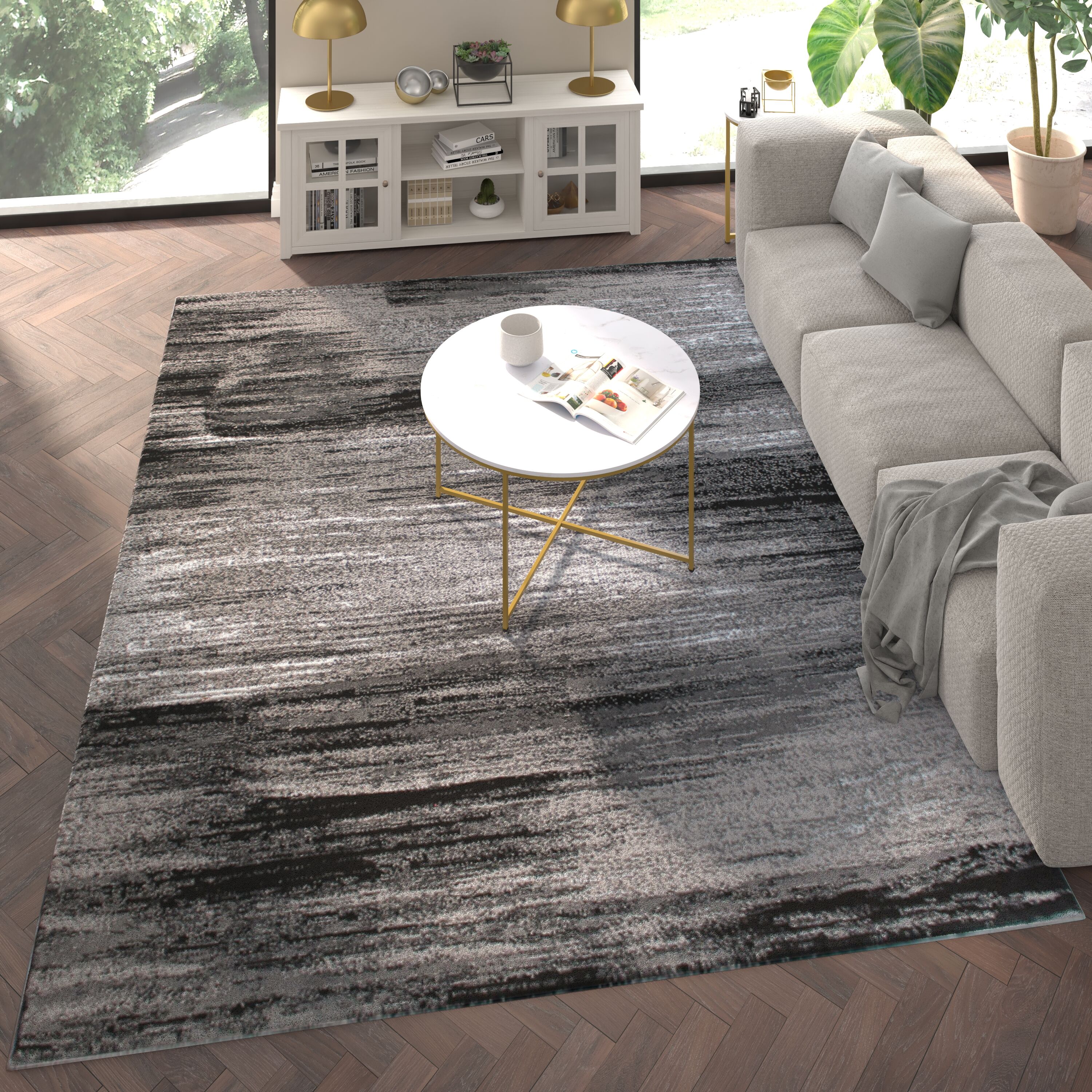 Emma + Oliver 840196368511 Oakland 8x10 Ultra Soft Shaded Look Olefin Accent Rug in Gray; Black and White with Natural Jute Backing