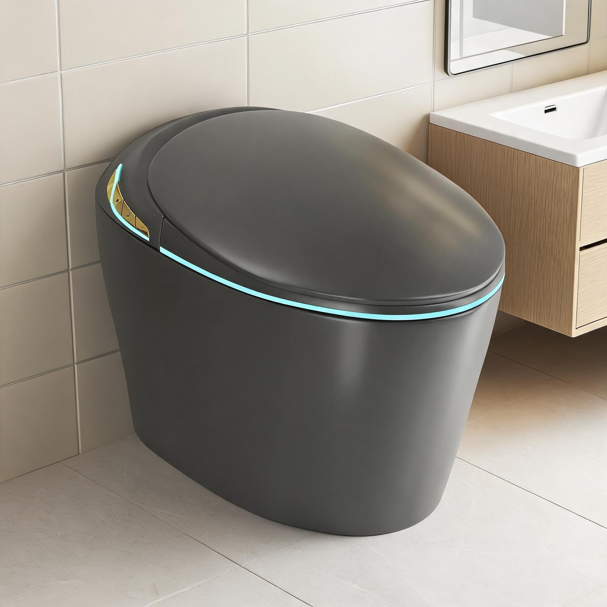 Naturefalls - Classic Gray Ceramic One-Piece Smart Toilet with Bidet Auto Open/Close Foot Sensor ...