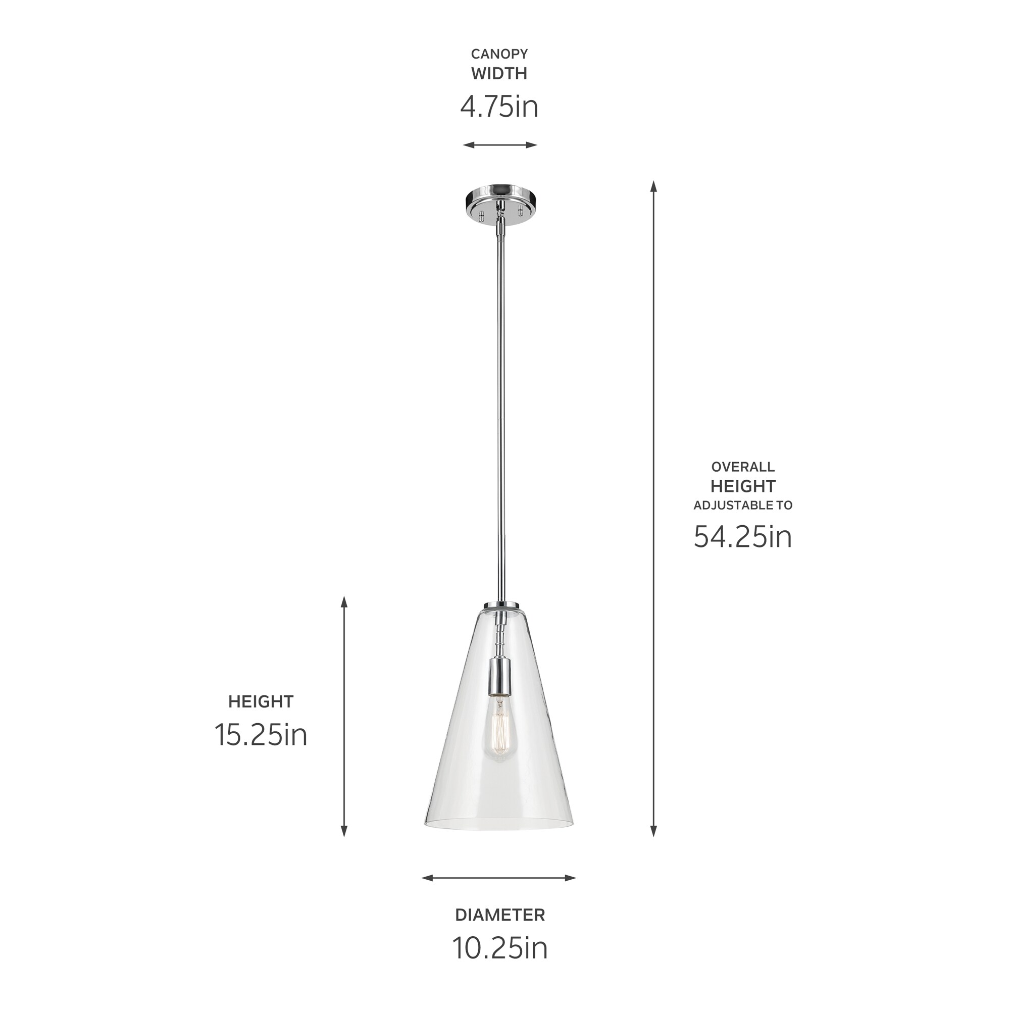 Chrome and Clear Glass Cone Pendant Light with Adjustable Height