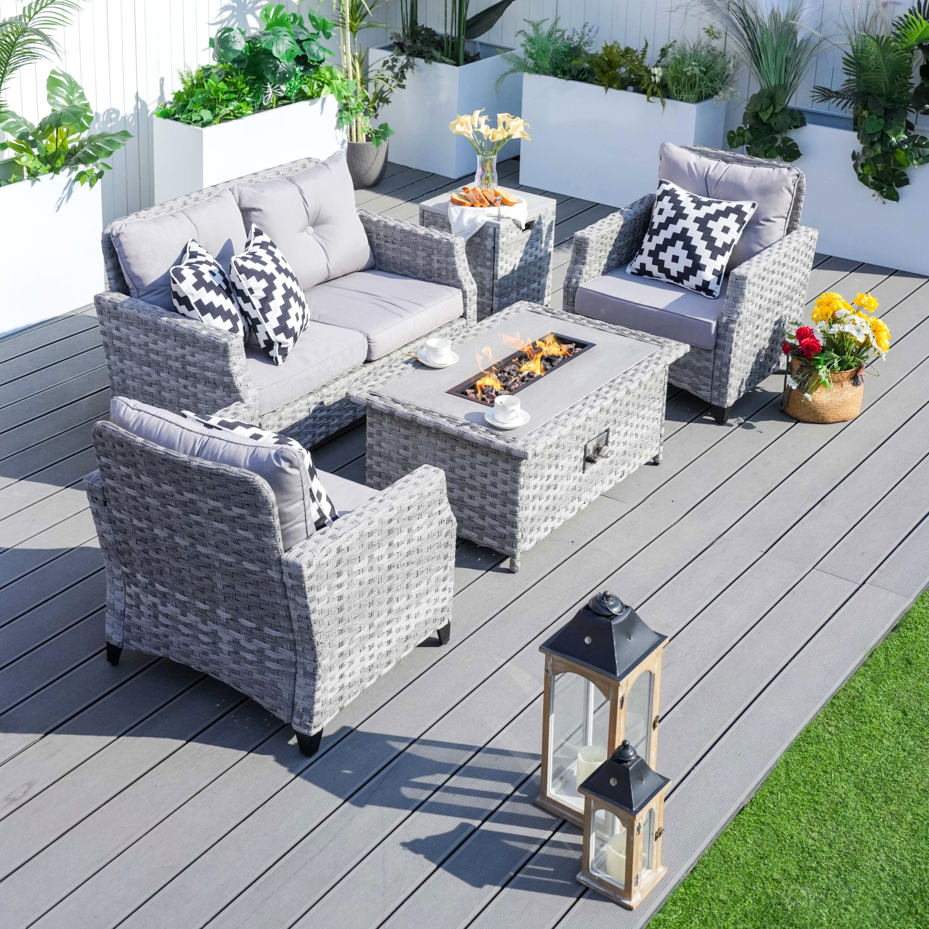 Moda Furnishings PAF-1801 5 -Piece Wicker Patio Conversation Set with Gray Moda Furnishings Cushions