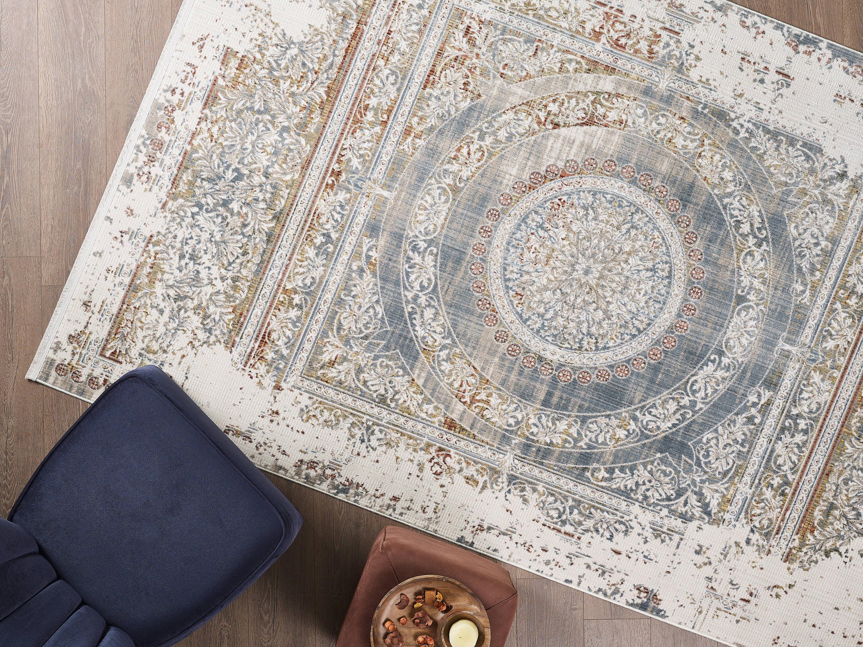 Maxax TB115 Deco Oasis 6 x 9 (ft) Flatweave Polyester/Polypropylene Blue and Red Cream Rectangular Indoor Geometric Vintage Machine washable Area rug