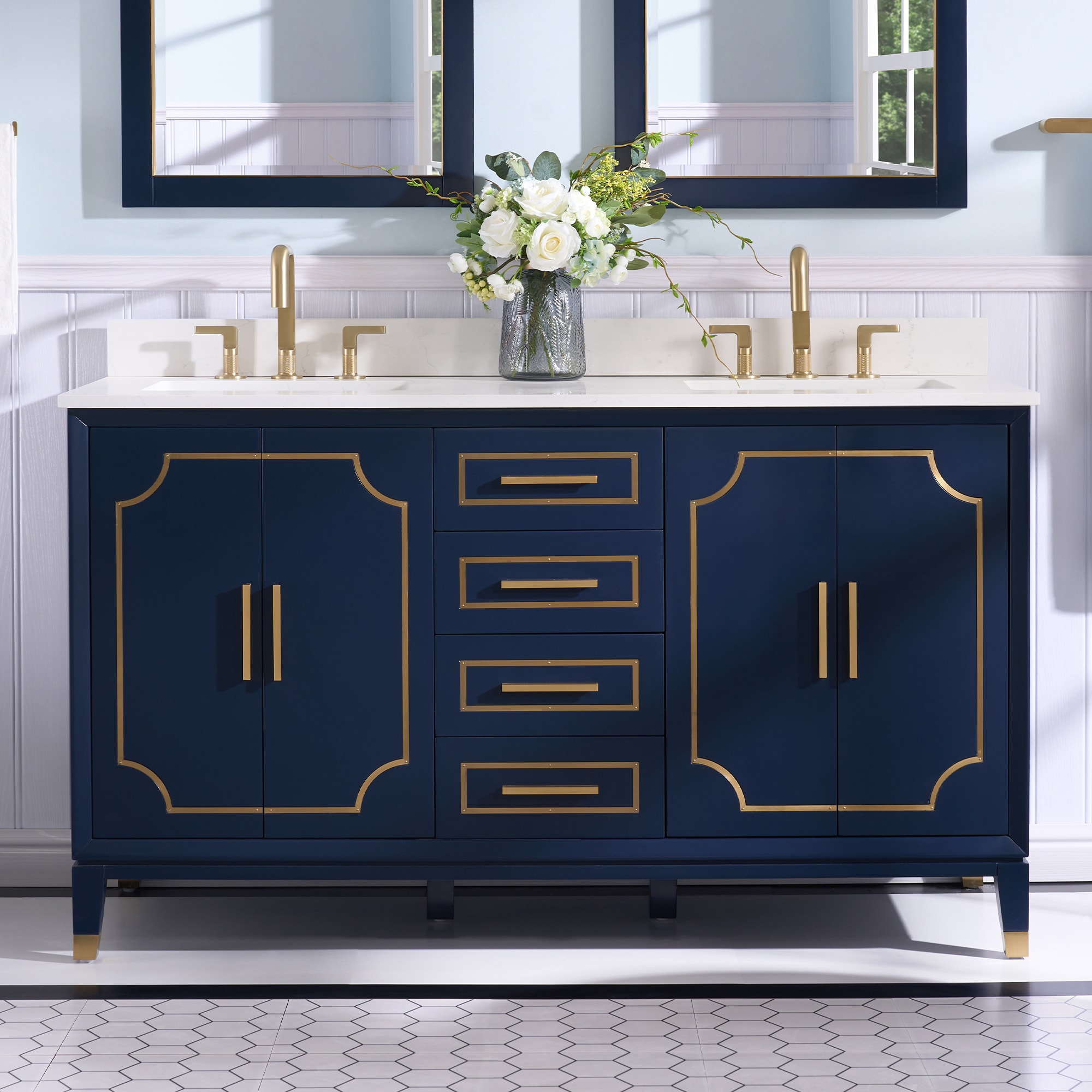 WELLFOR MELODY60QZ-NB MELODY Solid Wood Bathroom Vanity 60-in Navy Blue Undermount Double sink Bathroom Vanity with Carrera White Quartz Top