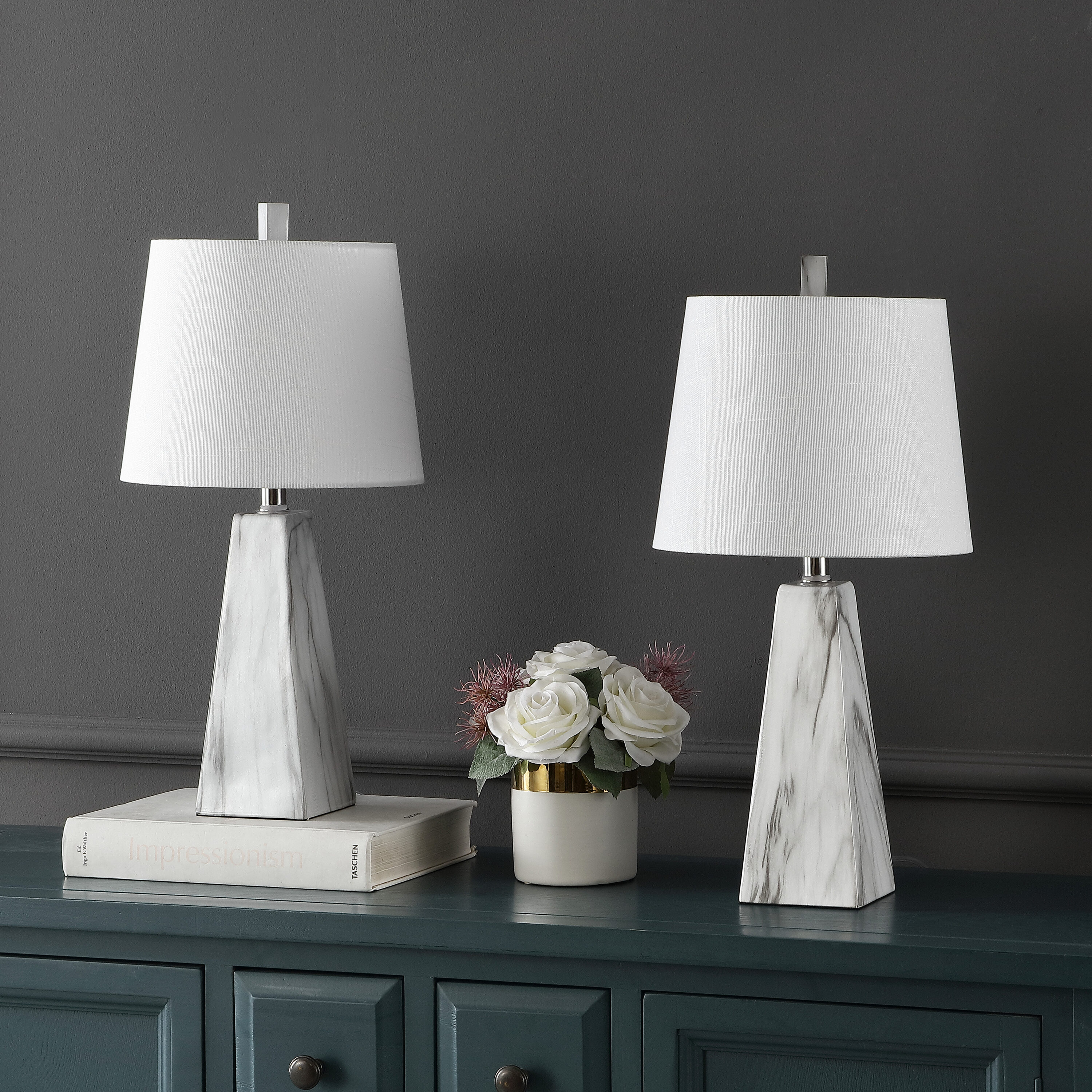 Owen 20.5" White Marble Finish Resin Table Lamp Set with Linen Shade