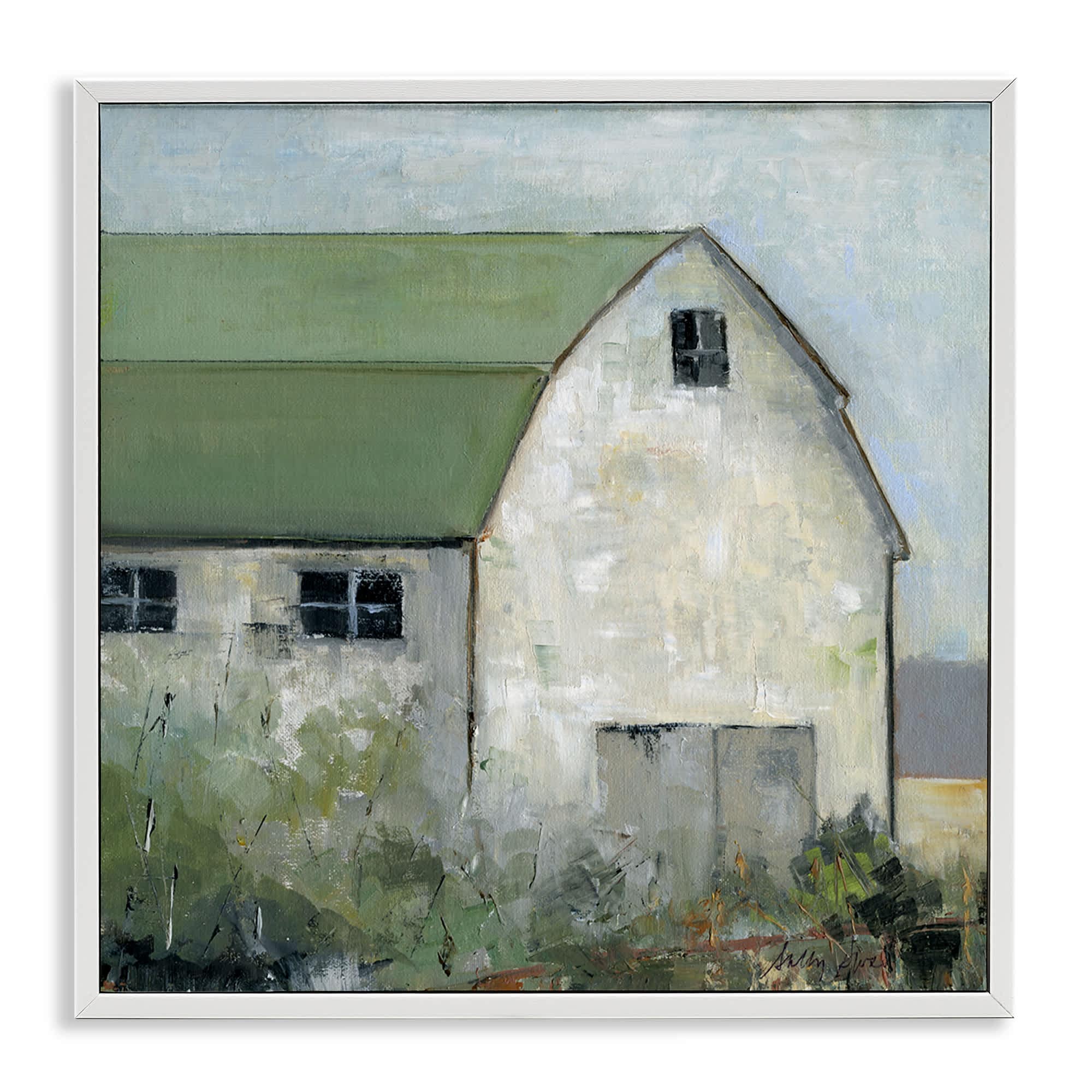 Stupell Industries BS-216-WFR-17X17 Barn View with Green Roof Framed Giclee design by Sally Swatland