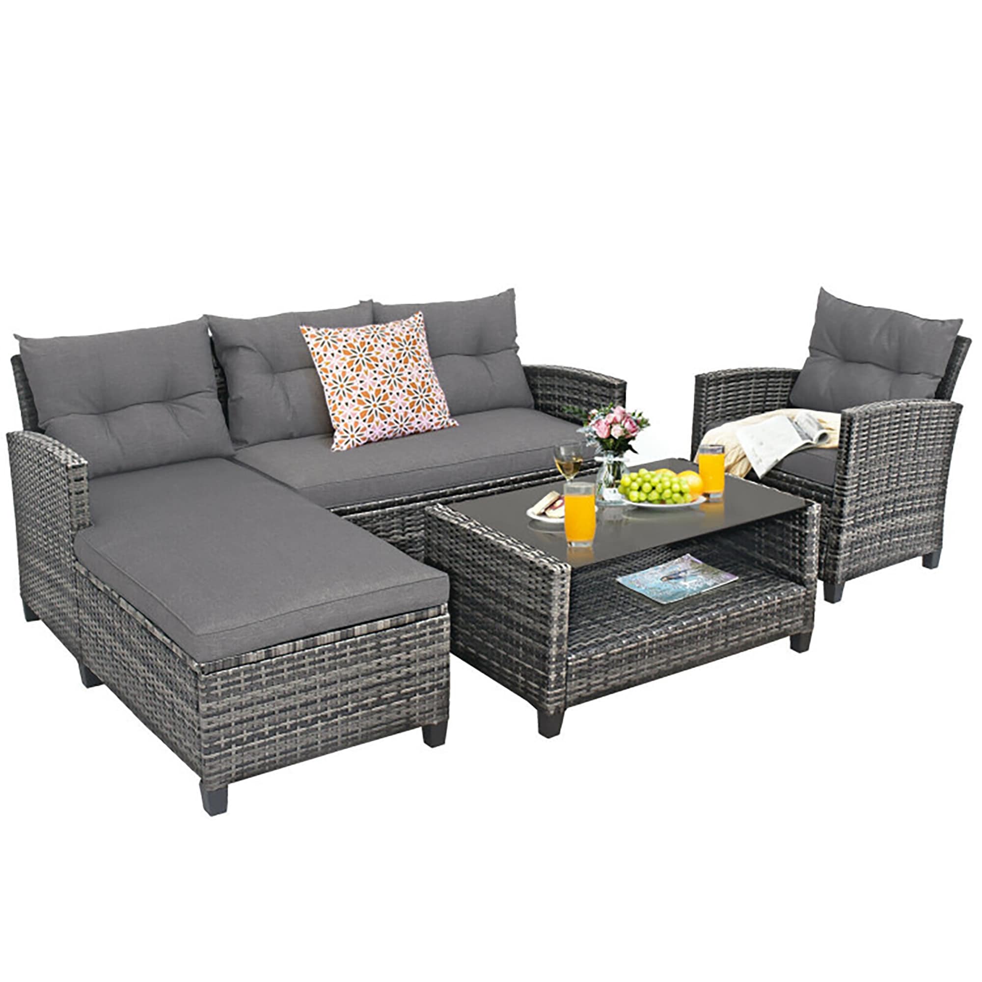 CASAINC WF-HW49647DBN+ 4 -Piece Rattan Patio Sofa Conversation Set with Gray Cushions