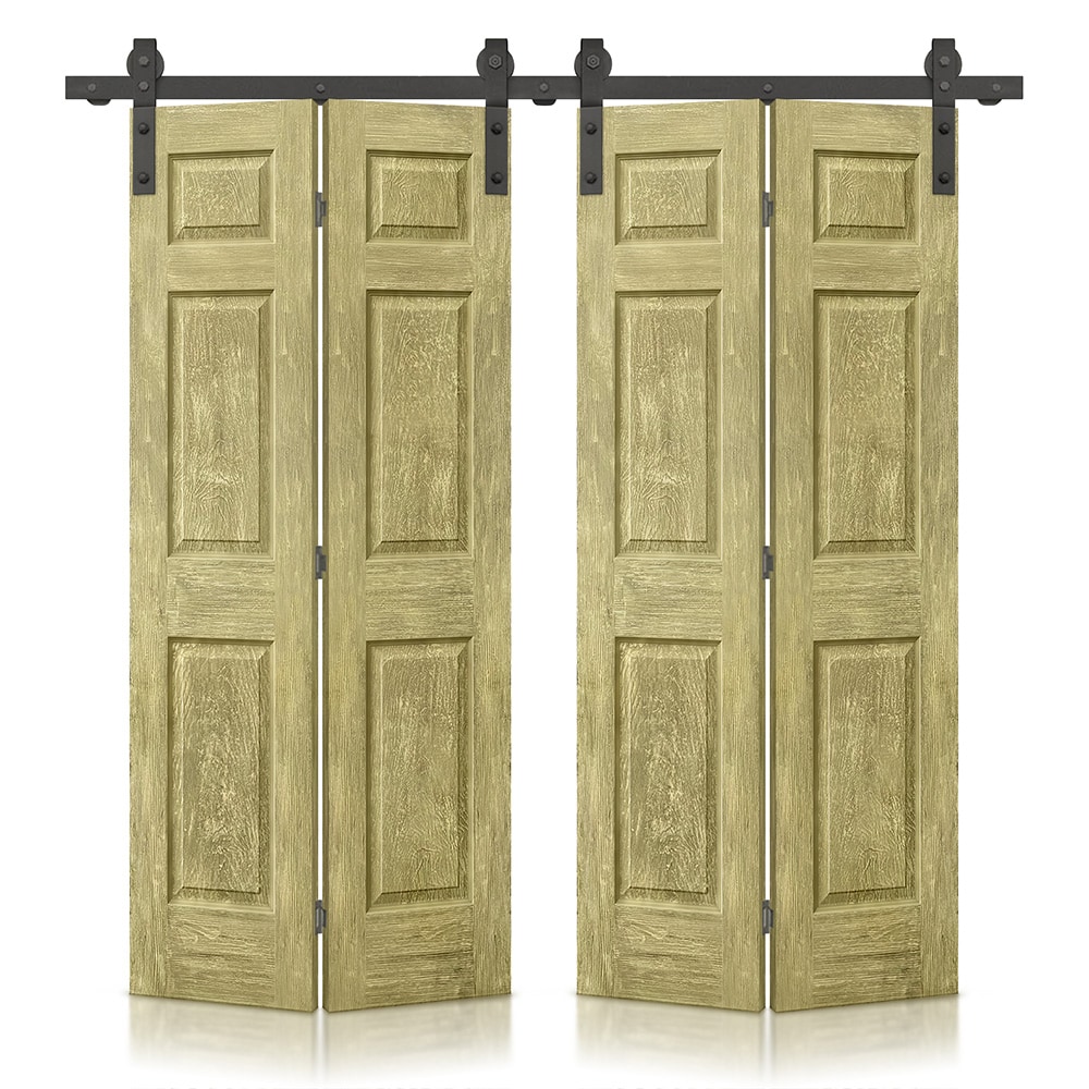CALHOME 1905-4S+6P36-SLPC(2 72-in x 80-in Antique Gold Stained Mirror/Panel MDF Hollow core Double bifold Barn Door (Hardware Included)