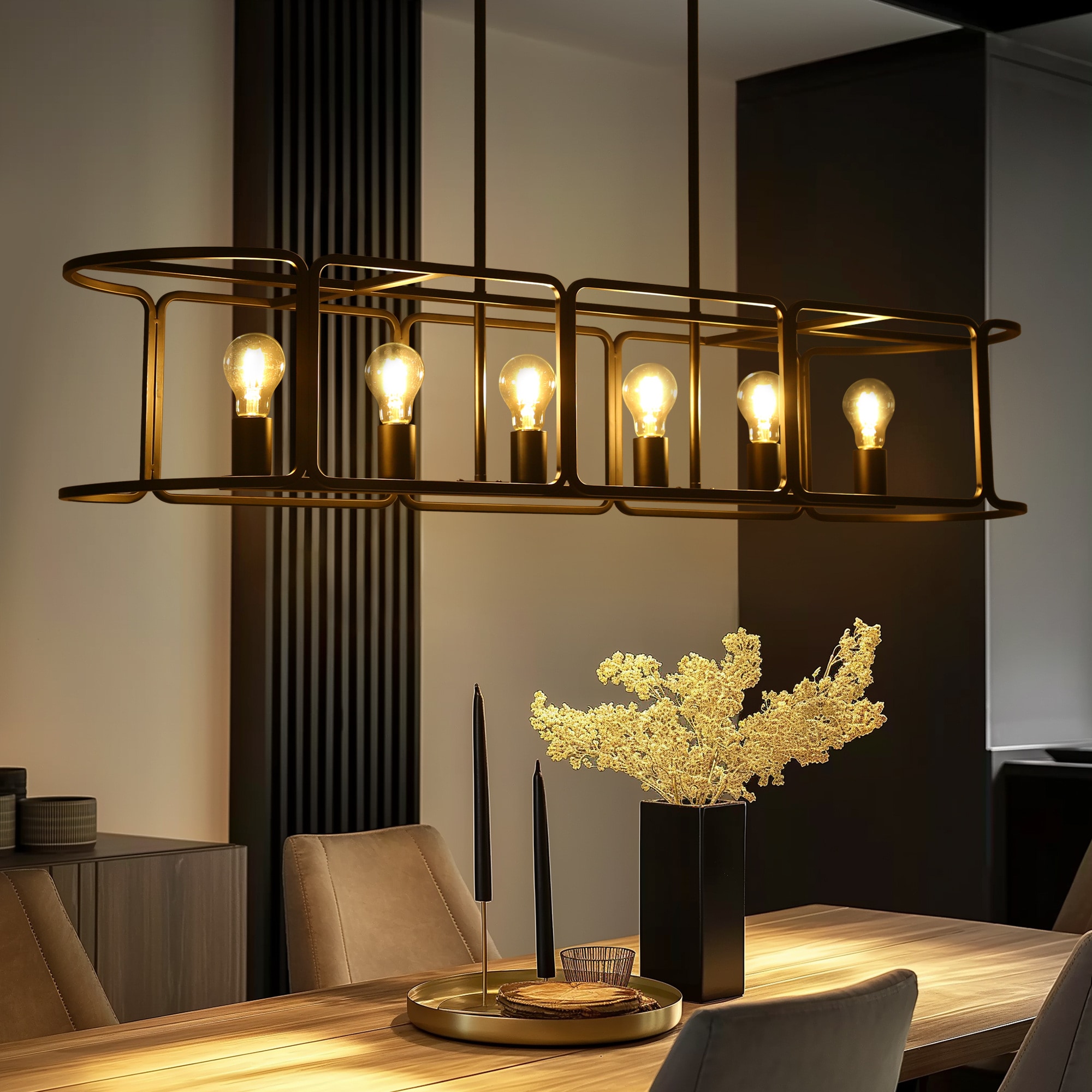 LNC LI26RIR5418P9C Bohonicist 6 -Light 48-in Matte Black Geometric Chandelier Transitional Linear Large Hanging Kitchen island light