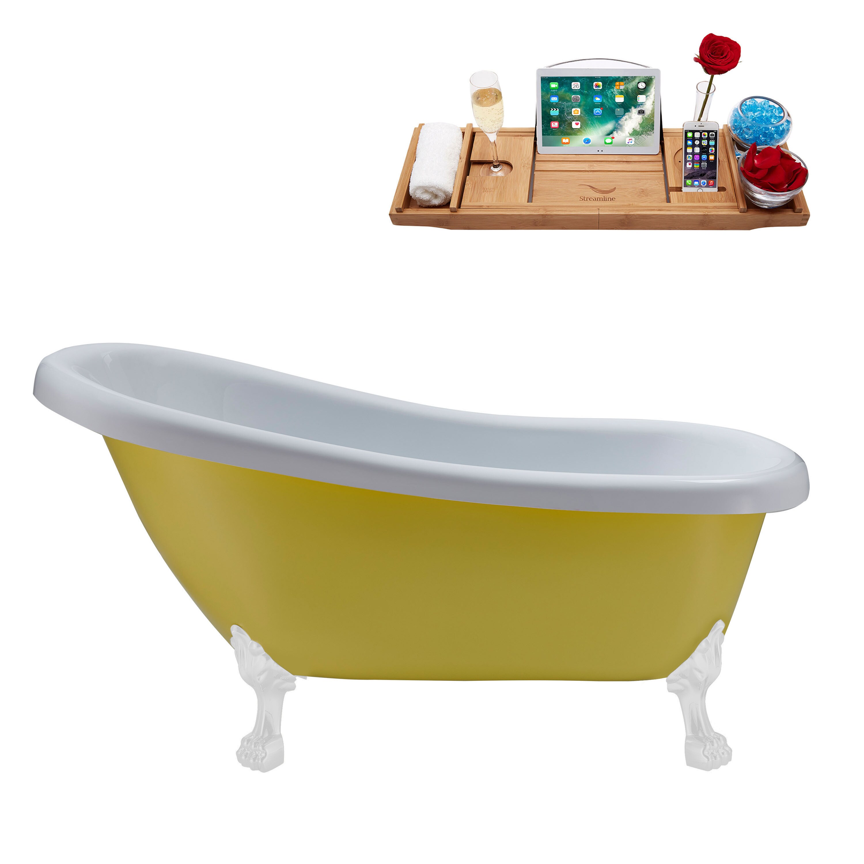 Streamline N483WH-IN-BL 27.6-in x 61-in Matte Yellow Acrylic Oval Clawfoot Soaking Bathtub with Drain (Reversible Drain)