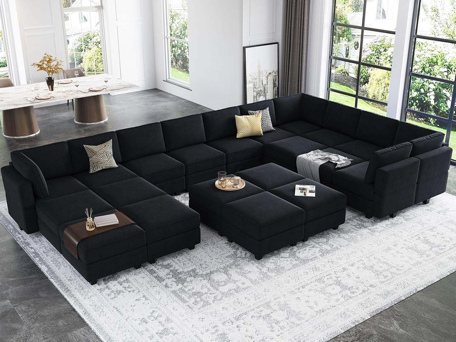 Belffin BF196-14B7C-BLACK 17 Seats + 14 Sides Modular Velvet Sofa with Storage Seat and Ottoman