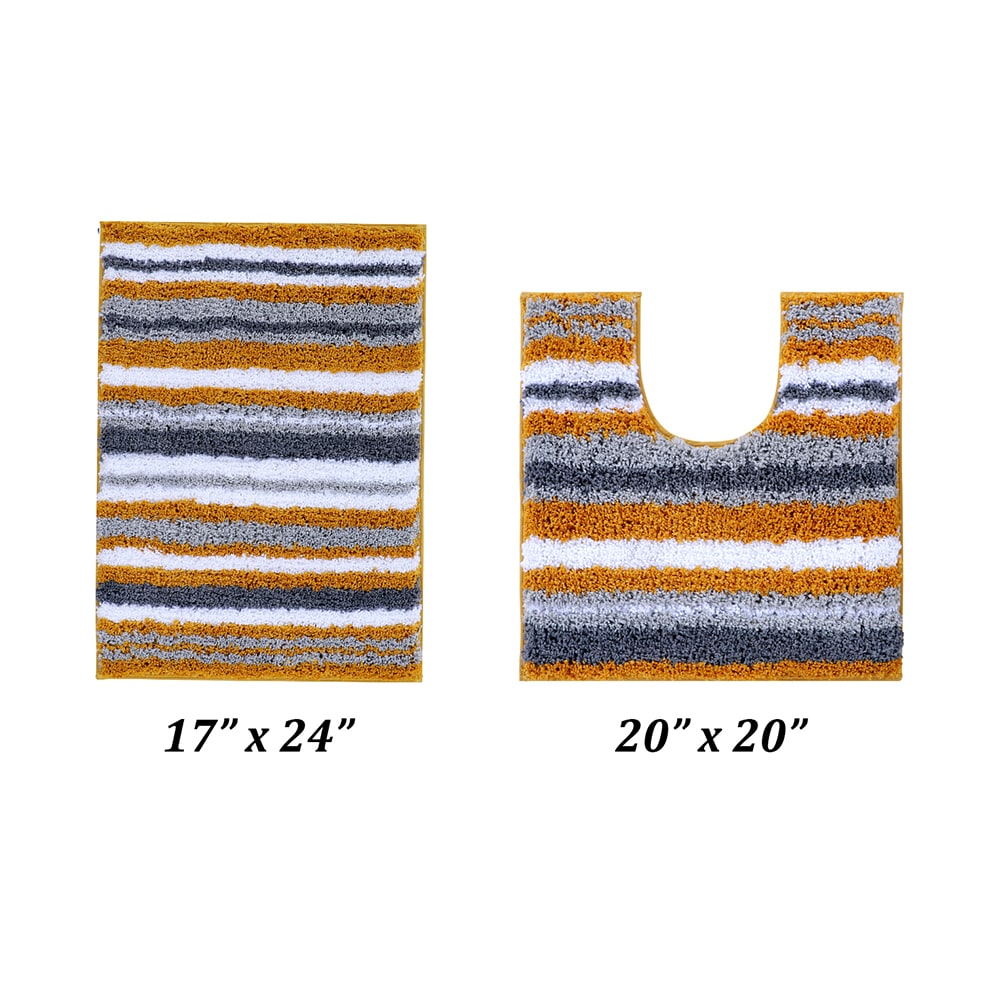 Mustard and Gray Striped Polyester Bath Rug Set