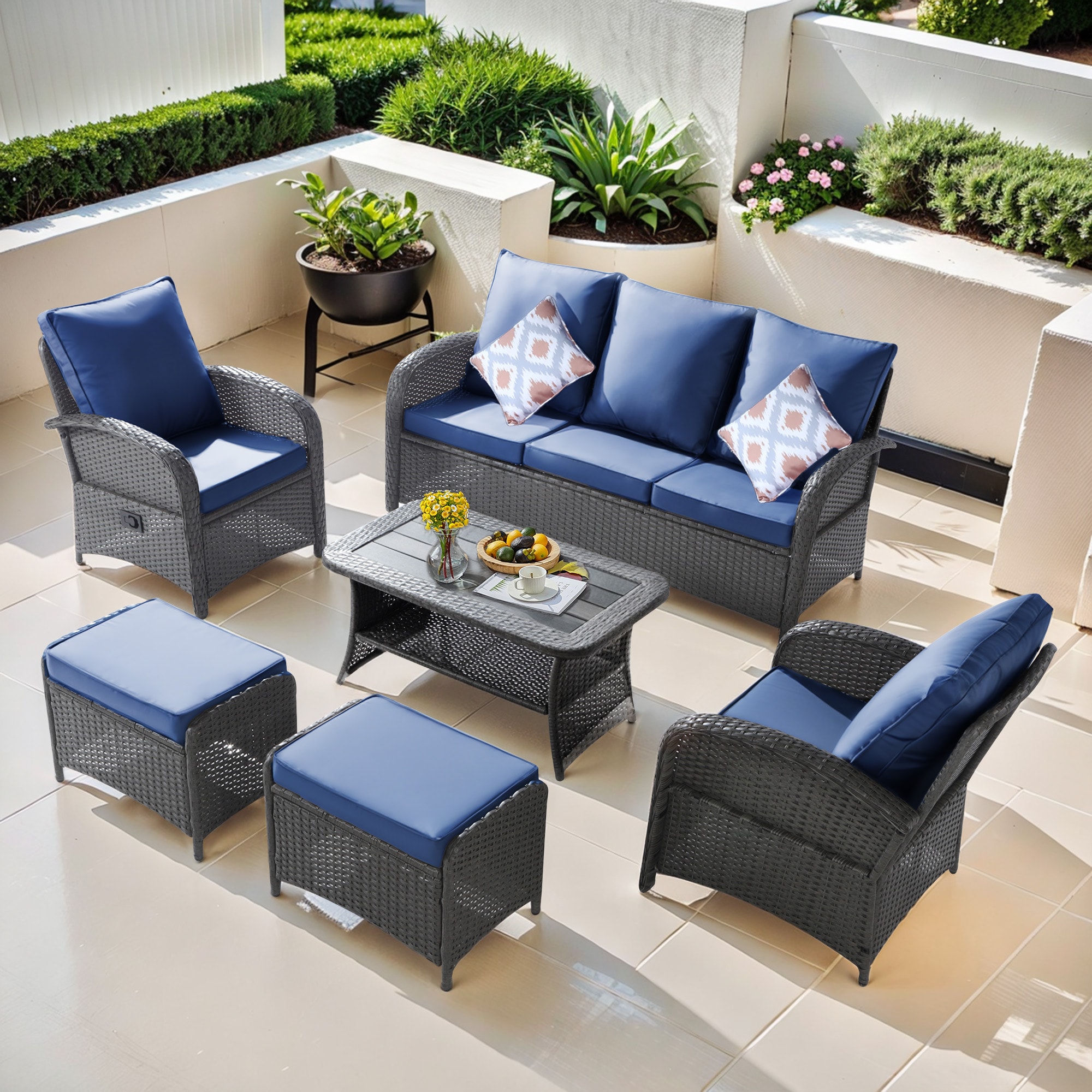 NOBLEMOOD LS-2032BU Patio Conversation Sets 6 -Piece Rattan Patio Sofa Conversation Set with Blue Cushions