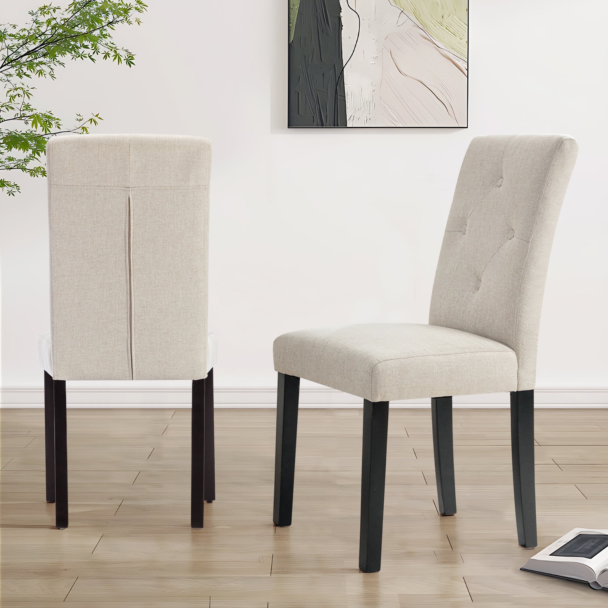 Vecelo LOE-DC01-BGE-2P Upholstered Dining Chairs Button Tufted Parsons Dining Chair Kitchen Chairs with Solid Wood Legs Wood Accent Chair with High Back Set of 2
