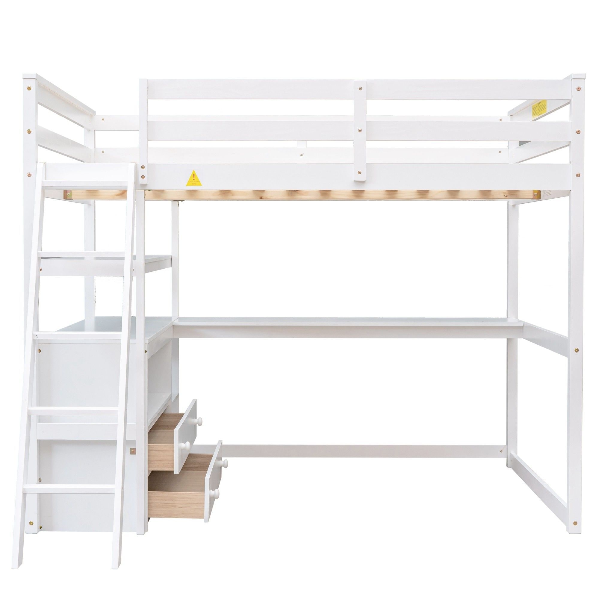 Yiekholo White Full Study Loft Bed with Desk, Shelves, and Storage ...