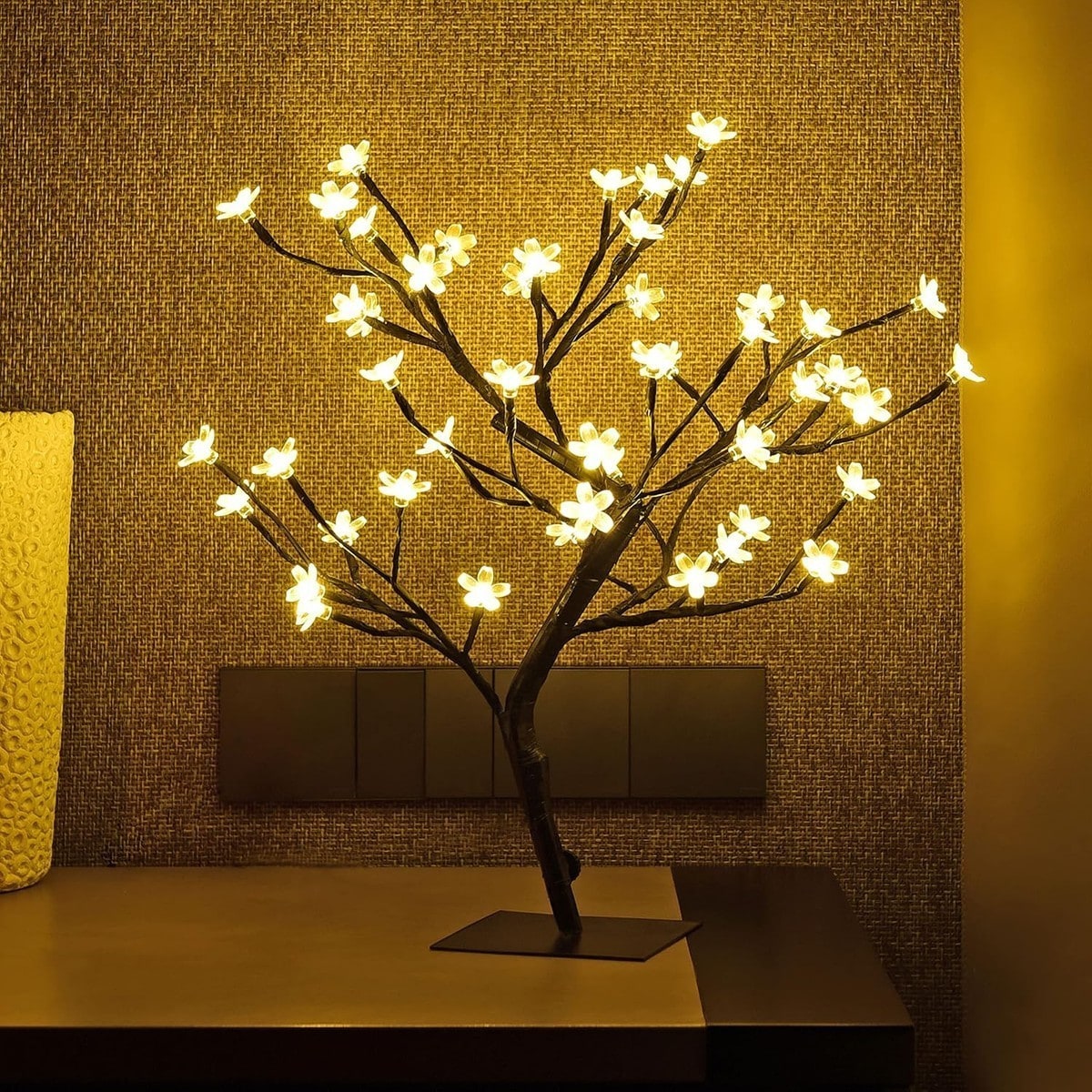Knojodu  Warm White LED Cherry Blossom Bonsai Tree 18 Inch with Metal Base and 48 Lights