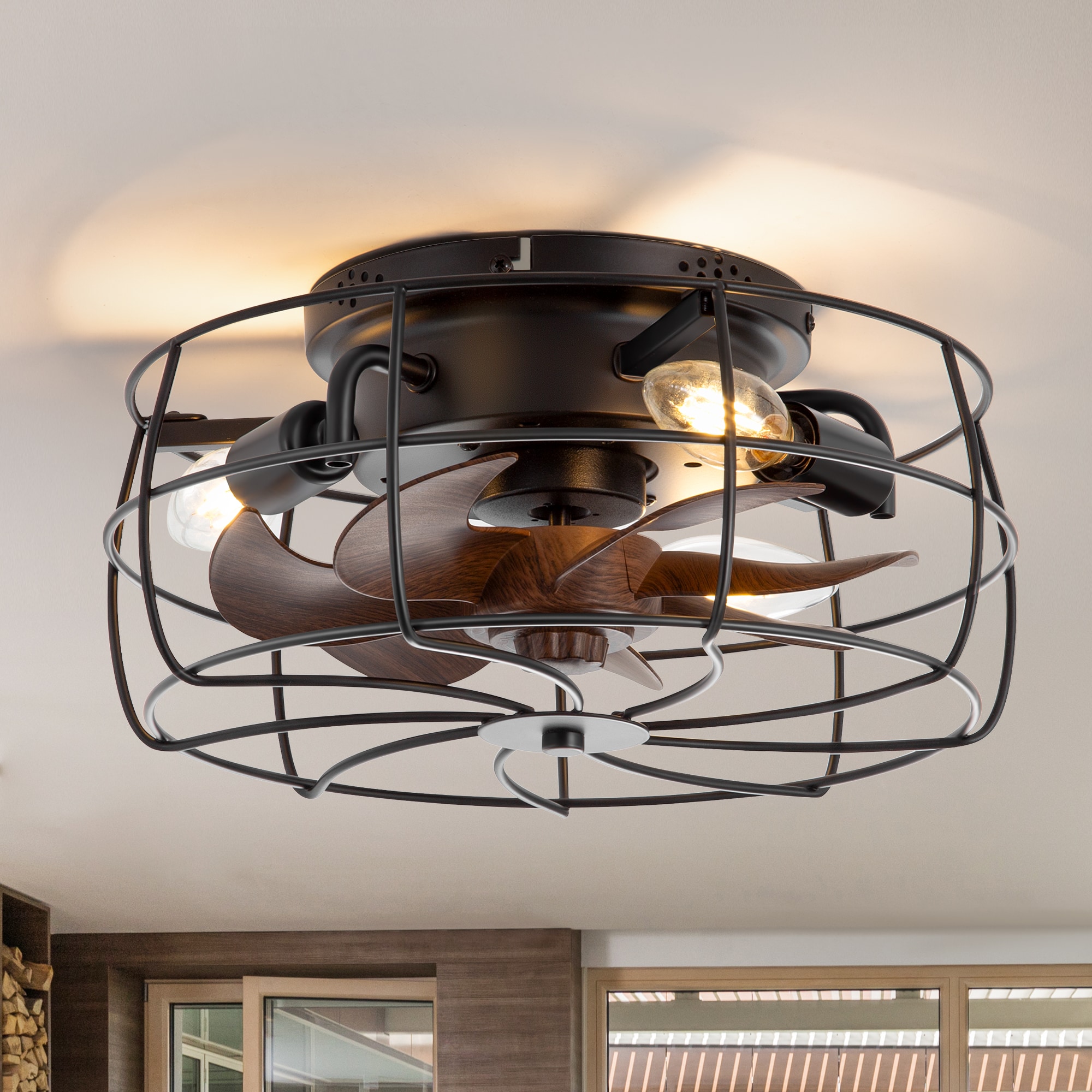 Breezary 35057-BK 12.5-in Flush Mount Matte Black with Gray Blades Fandelier Ceiling Fan With Light - Remote Included ( 7 -Blade )