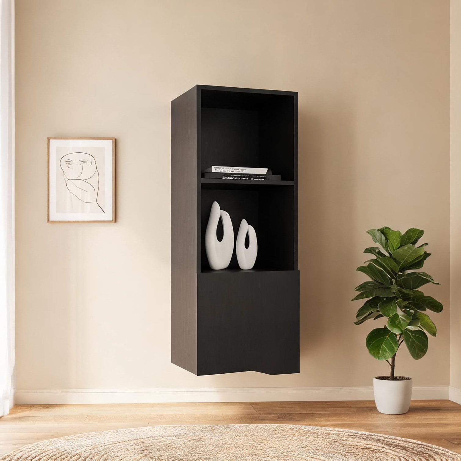 Watnature Matte Black Wall Mounted Storage Cabinet 1 Door 3 Shelves ...