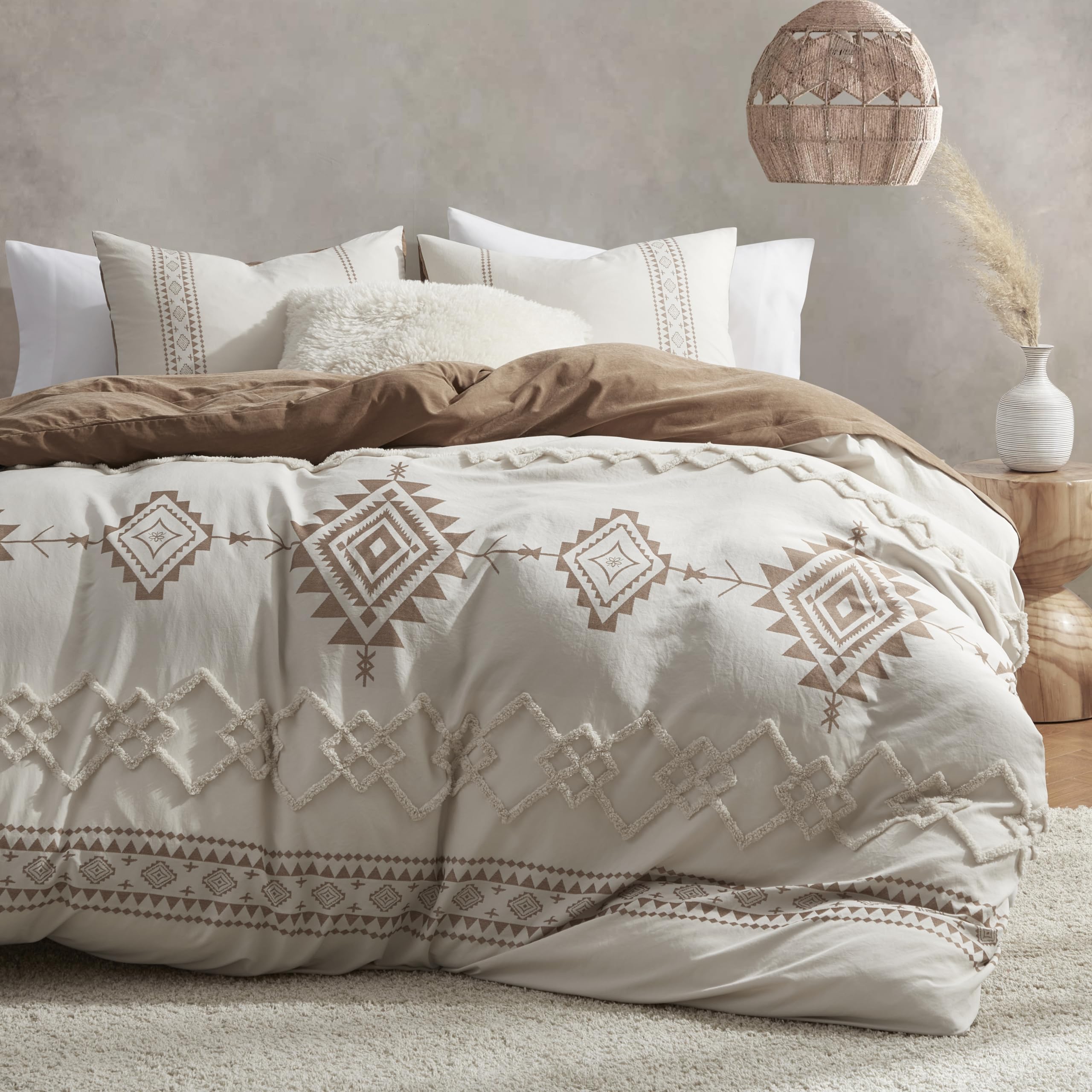 OMOMMD Beige terracotta King  Boho Duvet Cover Set 3 Pieces Microfiber Bedding Durable Super Soft Geometric Pattern Tufted Design Zipper Ties Easy Care
