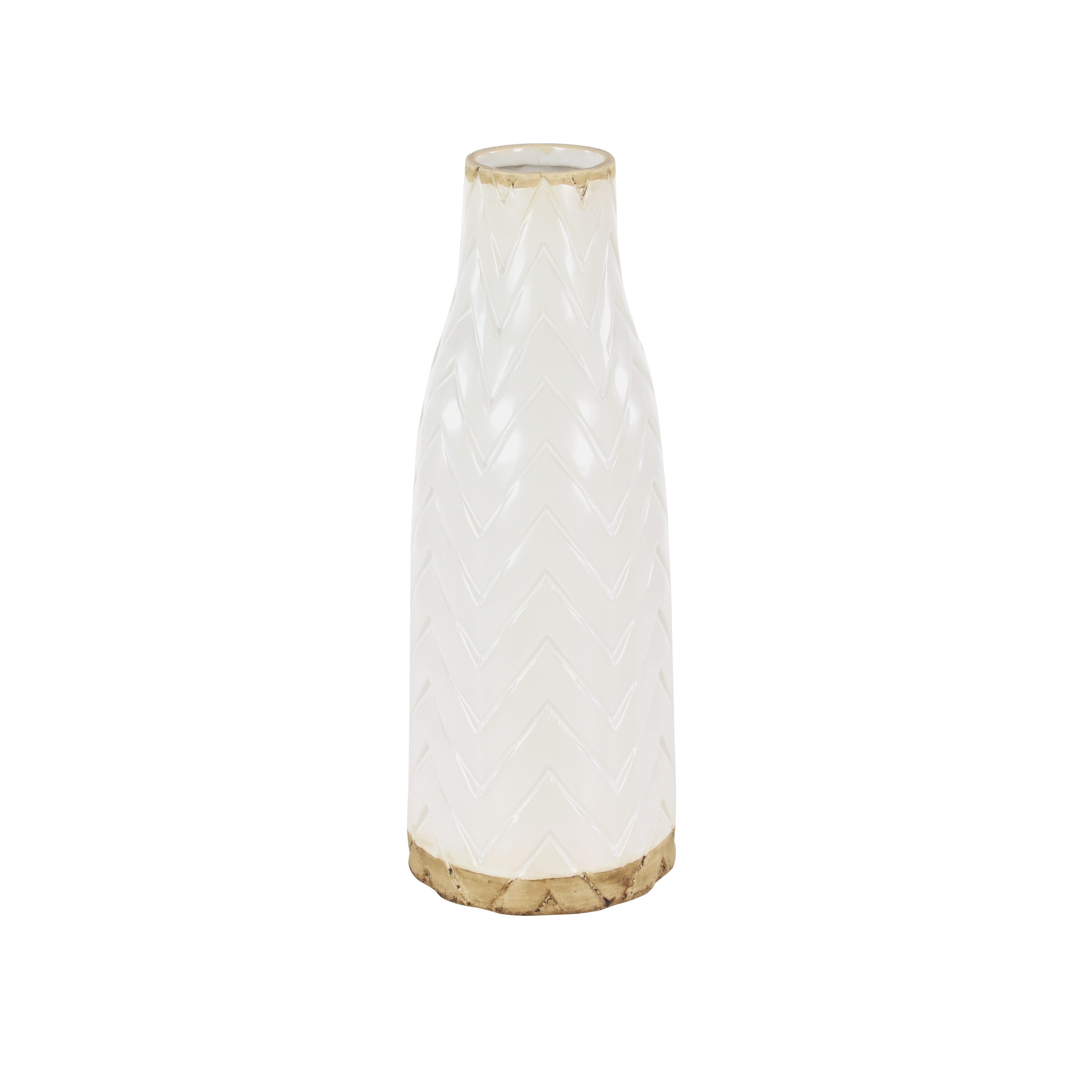 White Chevron Pattern Ceramic Vase with Brown Base, 12"