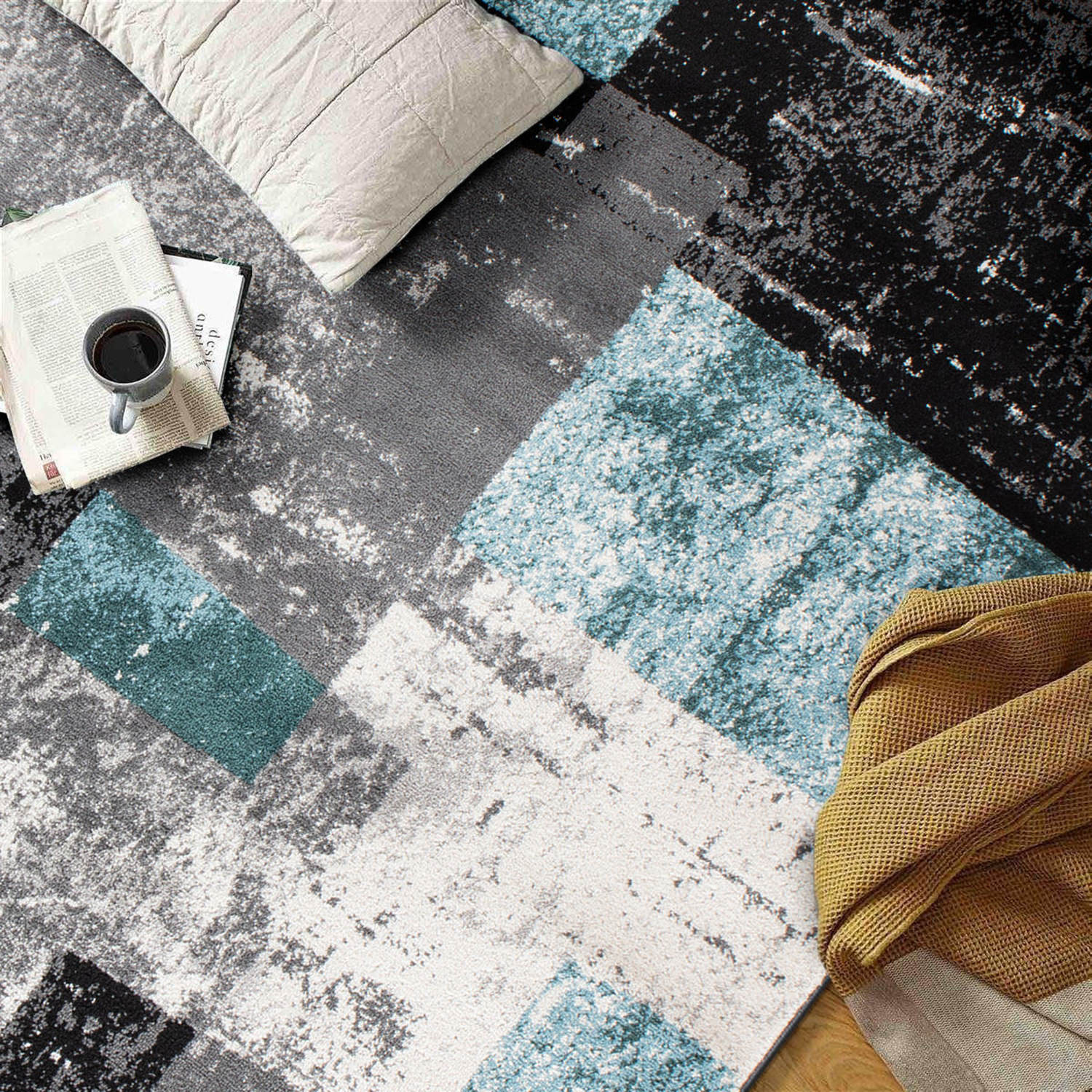 Blue and Gray Synthetic Reversible Geometric 5' x 7' Area Rug