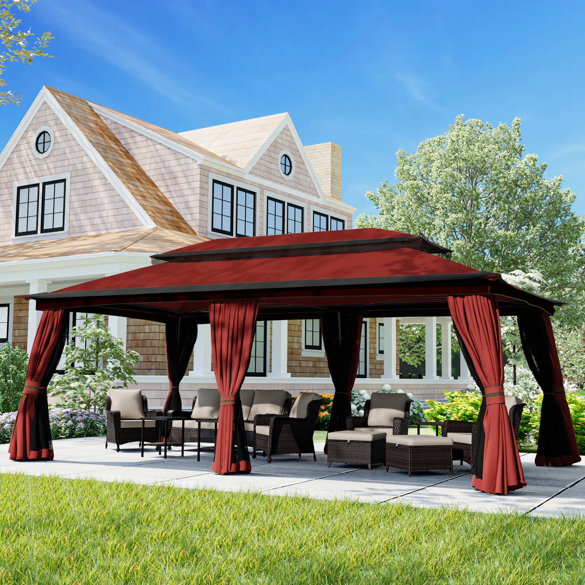 Gardenbee HGL-J22-RED 20-ft x 10-ft Black frame and red fabric Gazebo with Soft Top Roof (Screen Included)