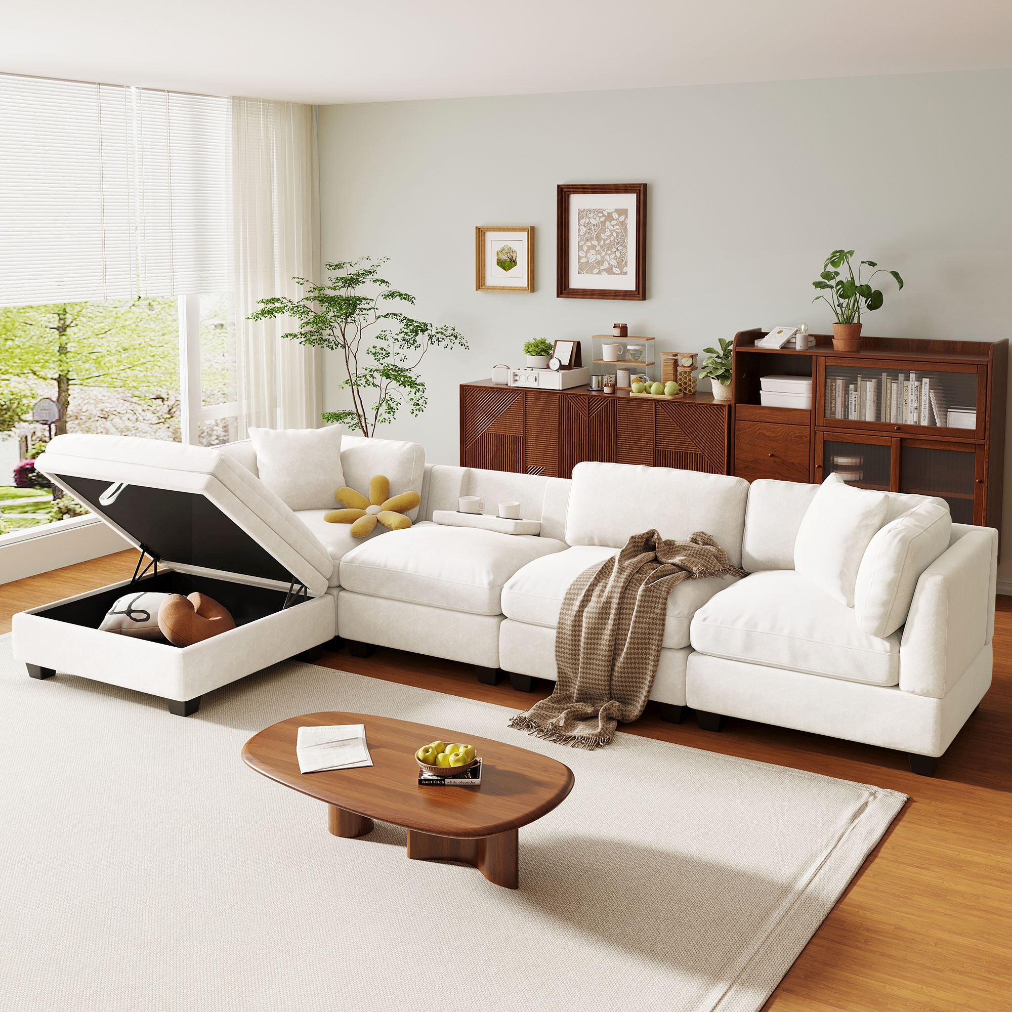 SINOFURN SYA020373BG 127.6-in Modern Beige 5 -seater Reclining Sectional
