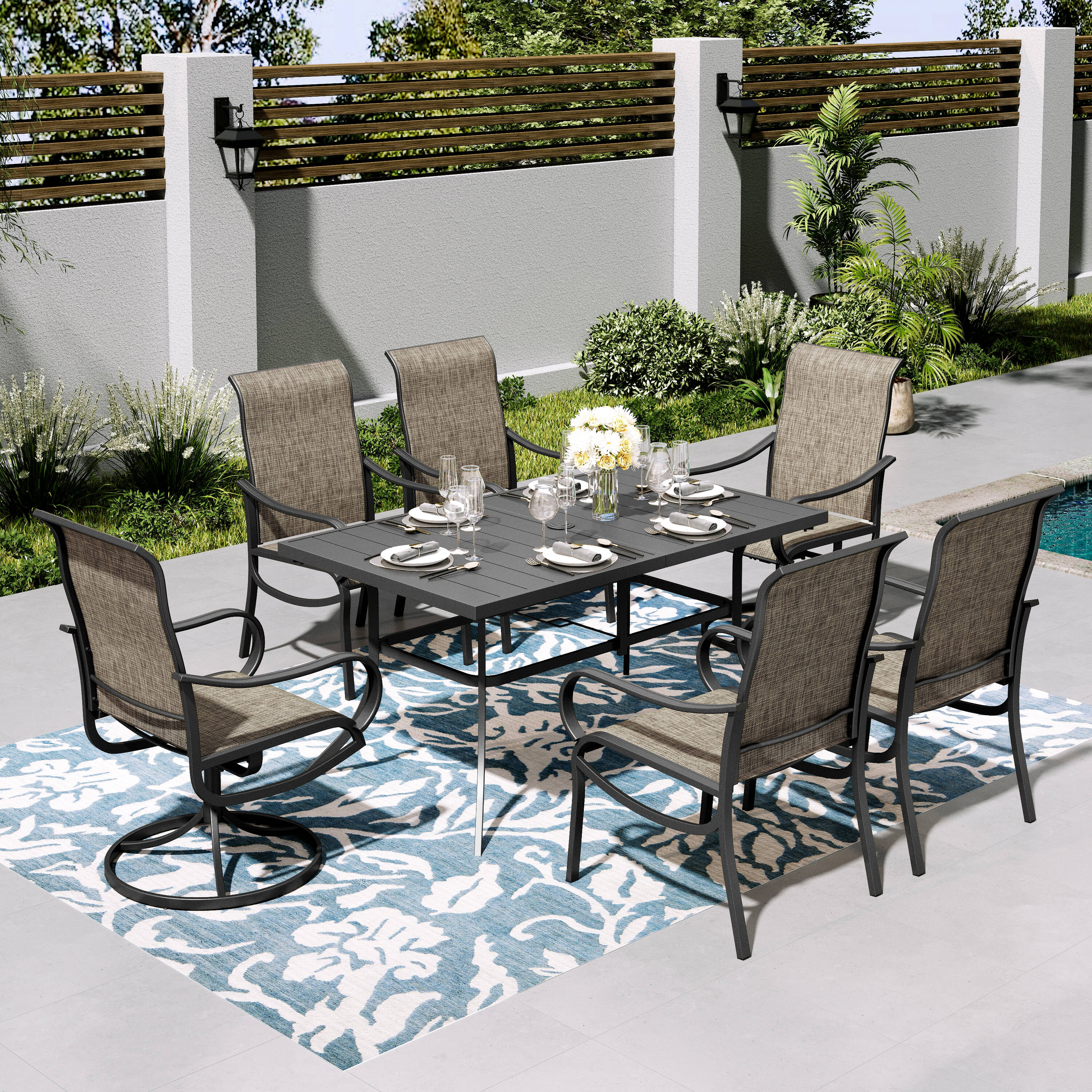 Sunshine Valley TC7-405-406-428 Outdoor Table and Chairs 7 -Piece Black Patio Dining Set Steel Rectangle Table with 6 Brown Stationary Chairs