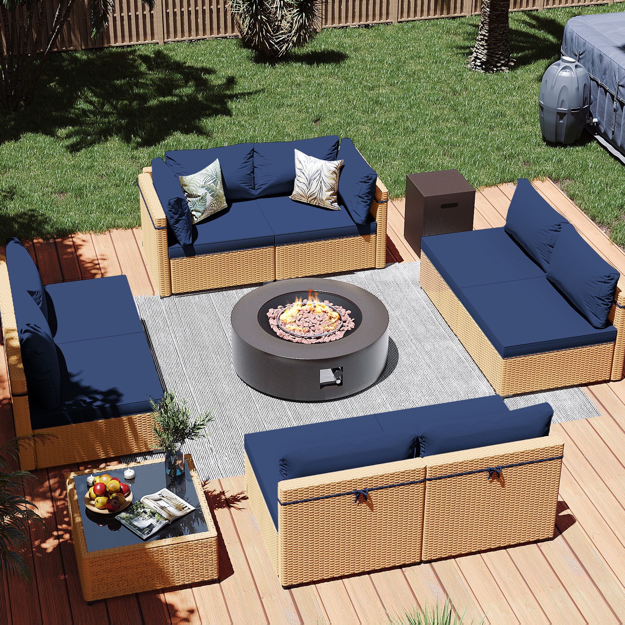 Patio Watcher LS-RT9-KD42BR-Y2 10 -Piece Rattan Patio Conversation Set with Blue Cushions