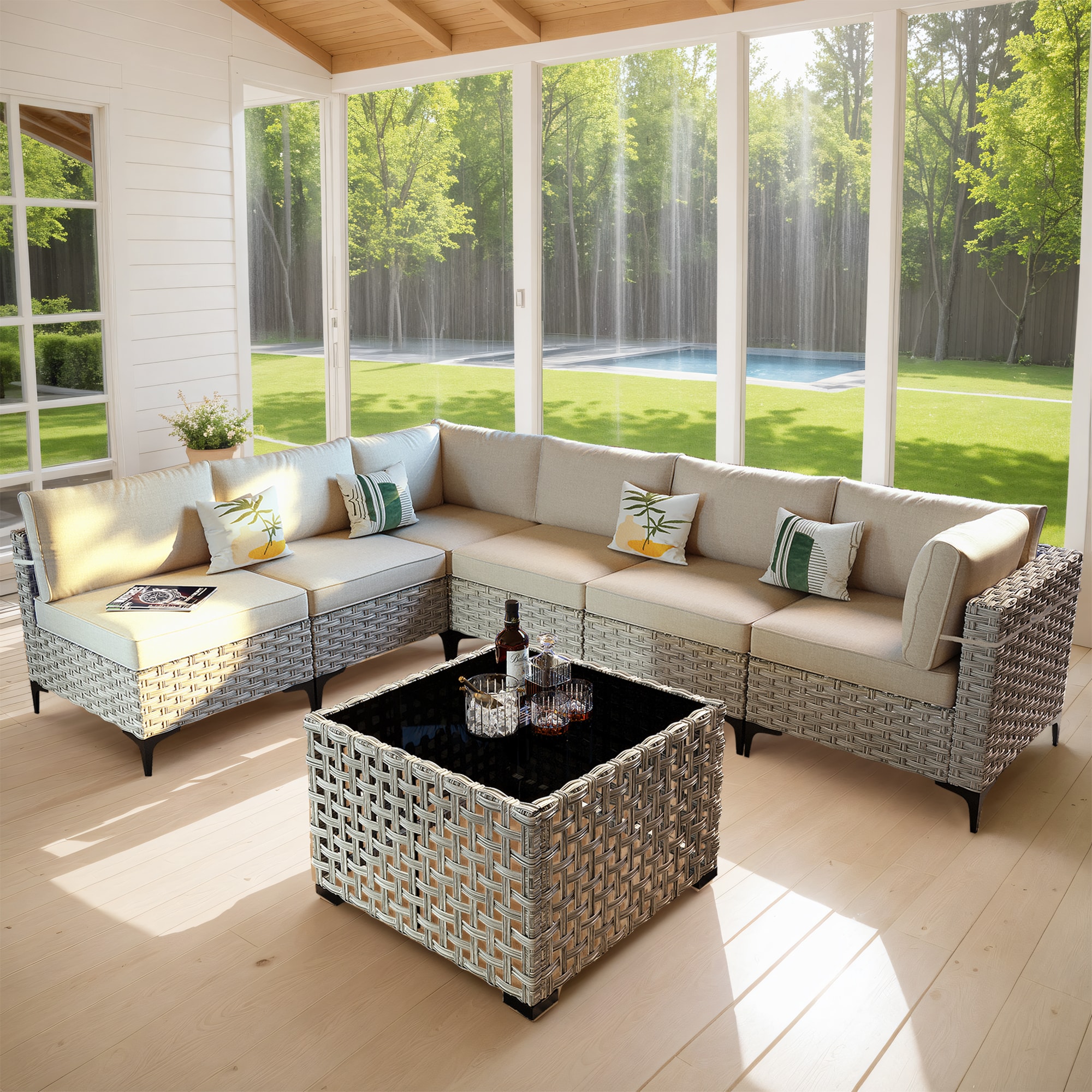 Pouuin SKT607 Wicker Outdoor Sectional with Off-white Cushions and Wicker Frame