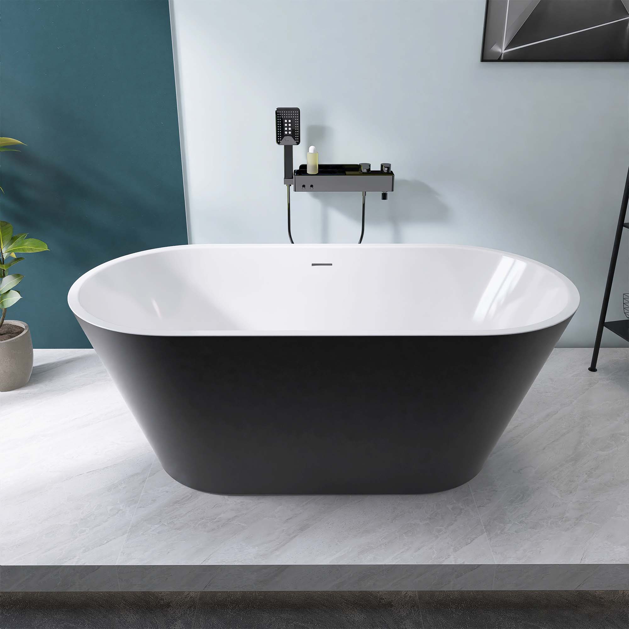WELLFOR GTLSTTCGRWH 55-in x 29.5-in Outside Matte Black Inner Glossy White Acrylic Oval Freestanding Soaking Bathtub with Drain ( Center Drain )