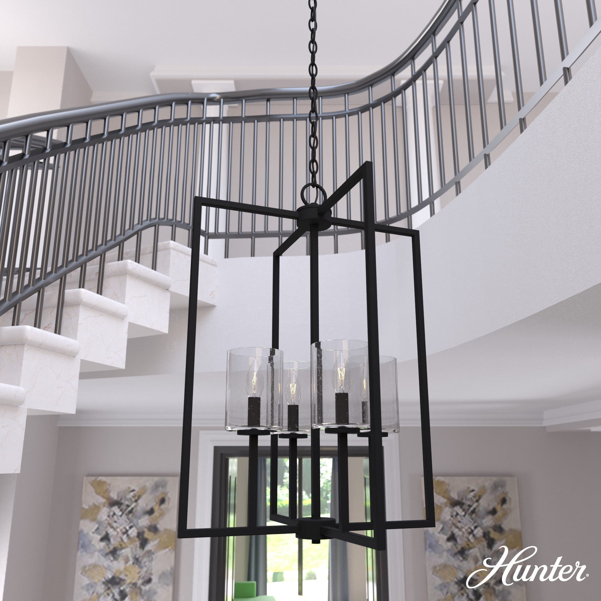 Hunter 19540 Kerrison 4 -Light Natural Iron Modern/contemporary Seeded glass Square Medium Hanging Kitchen island light