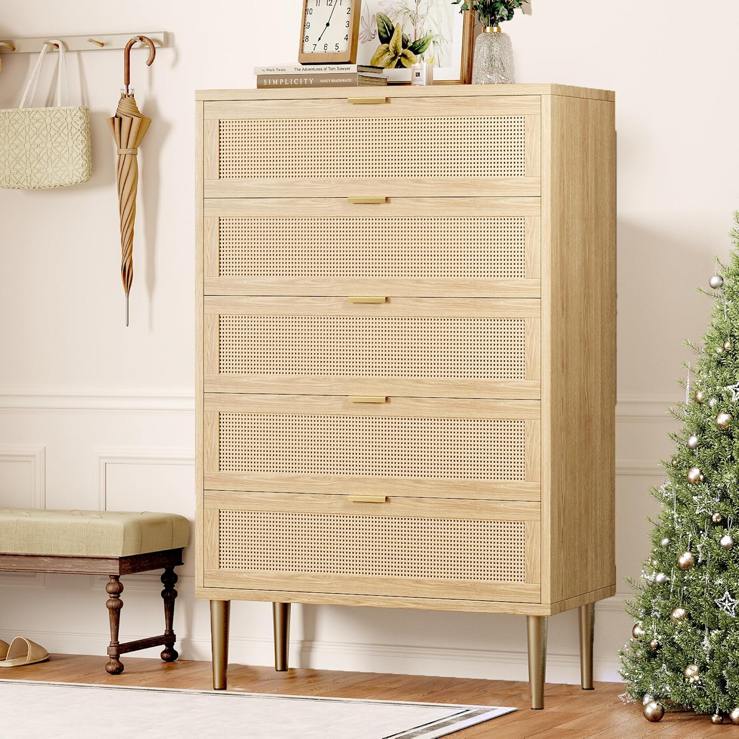 GAOMON Rattan style 5 drawer dresser 44 inch tall narrow farmhouse vertical chest with metal legs and handles for bedroom living room oak