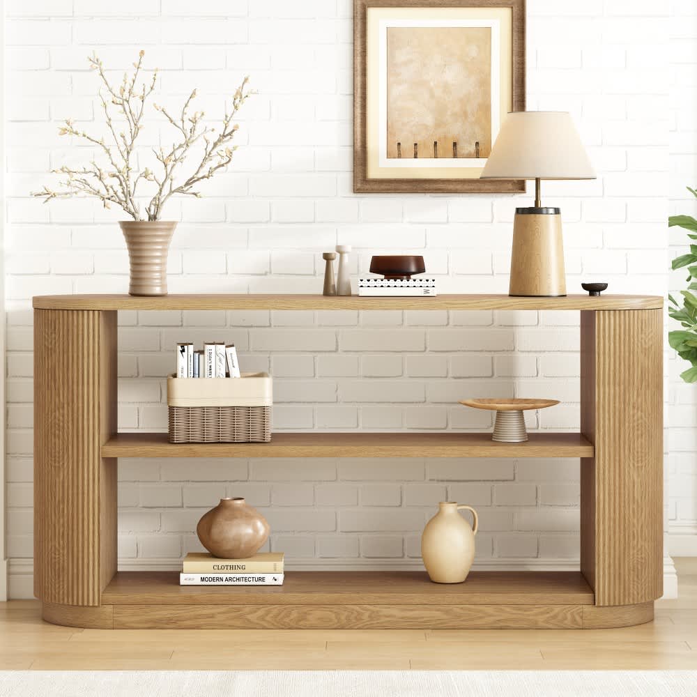 Coolbibila LEVI-CONSOLE-NATURAL Natural Wood Narrow Entryway Table with Storage Curved Fluted Slim Console for Hallway Living Room