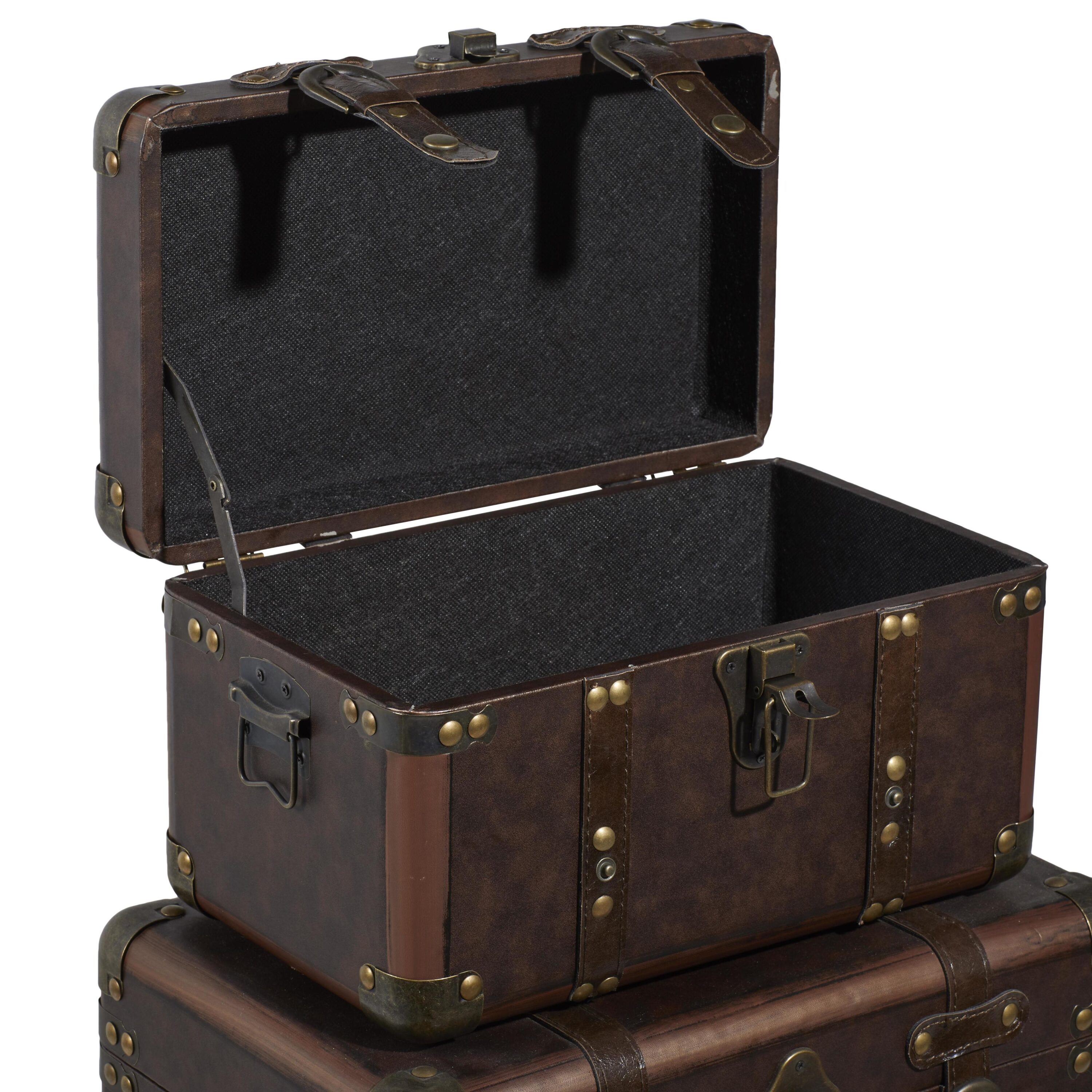 Brown Leather Rectangular Storage Trunk Set with Vintage Accents, 3-Pieces