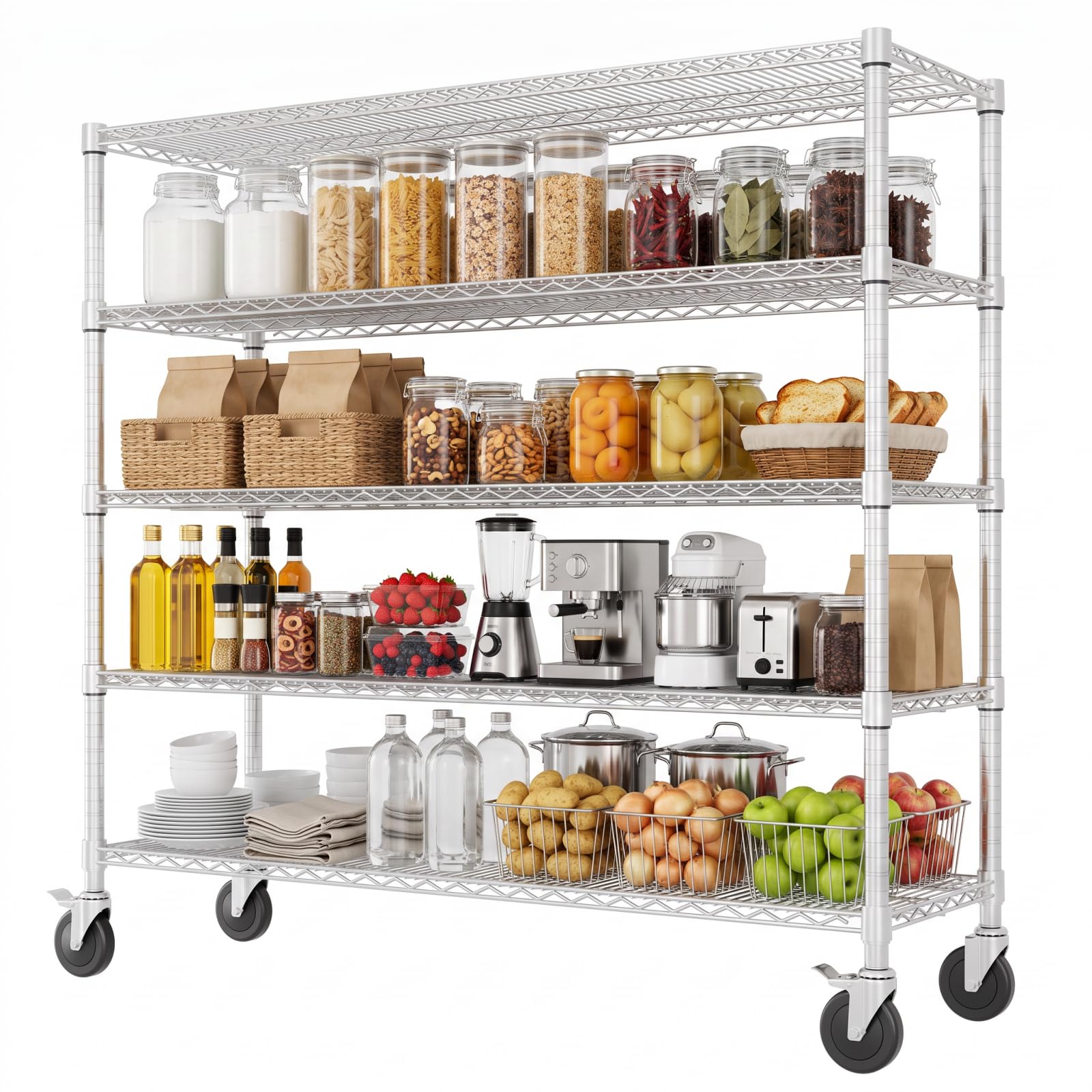 IdealHouse 82-Inch Heavy-Duty Rolling Wire Shelving Unit - 5-Tier Metal Storage Rack with Wheels and Adjustable Shelves - Utility Organizer for Kitchen Pantry Laundry Room or Garage - Silver