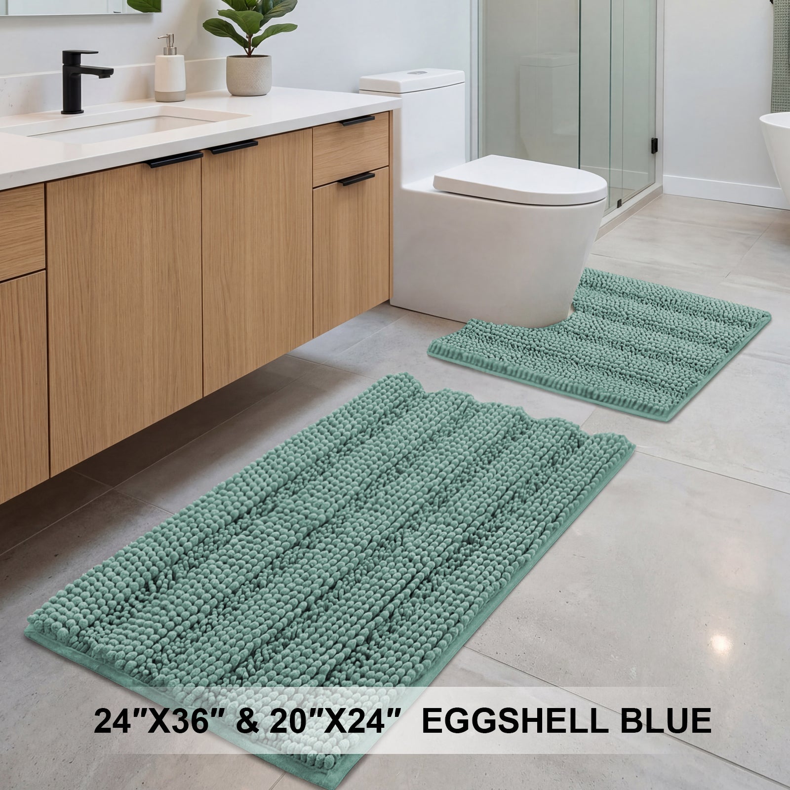 H.Versailtex  Eggshell Blue Chenille Bath Rug Set 2Piece ExtraThick Striped Shaggy Bath Mats with NonSlip Backing 24 x 36 in