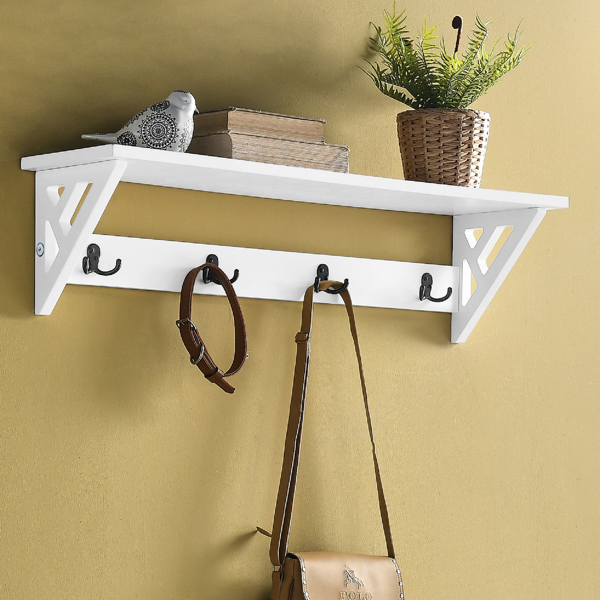 Alaterre Furniture ANCT09WH Coventry 36 in. Wall Mounted Coat Hooks with Storage Shelf White 4 -Hook Coat rack