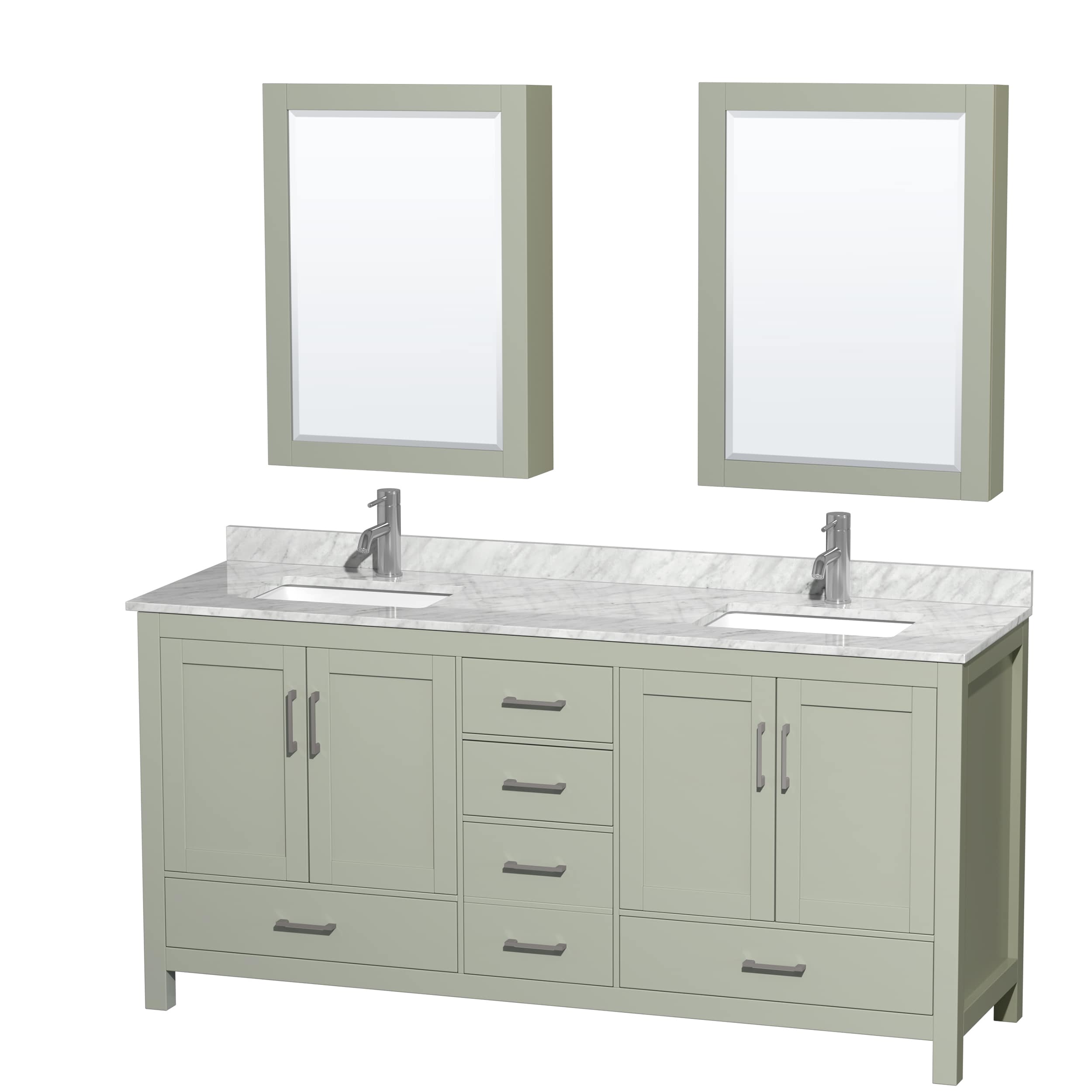 Wyndham Collection WCS141472DLGCMUNSMED Sheffield 72-in Light Green Undermount Double Sink Bathroom Vanity with White Carrara Marble Top (Mirror Included)