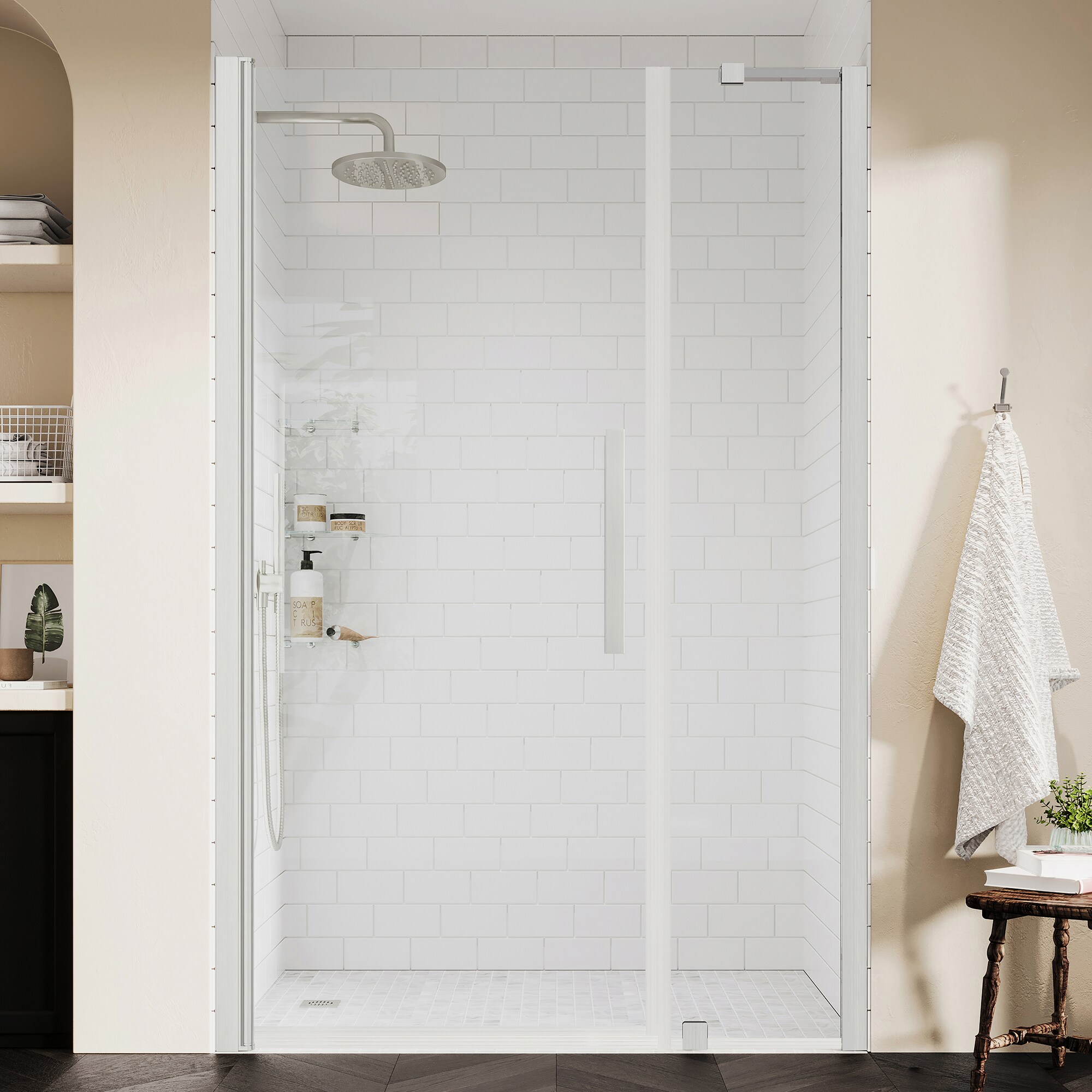 OVE Decors 828796073226 Pasadena Satin nickel 39-13/16-in to 41-3/4-in W x 72-in H Frameless Pivot Shower door 5/16-in Thick Clear Glass