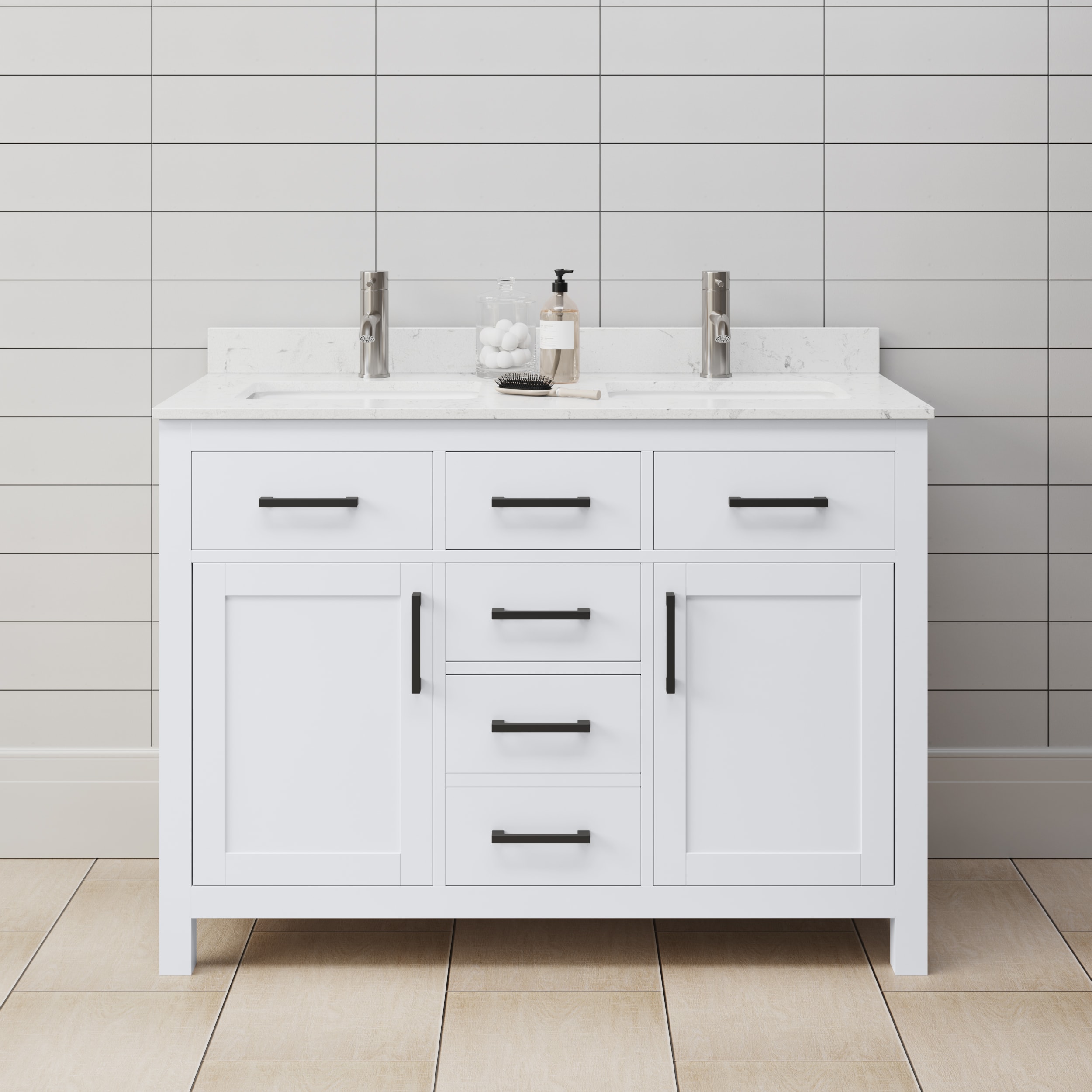 Wyndham Collection WCG242448DWBCCUNSMXX Beckett 48-in White with Matte Black Trim Undermount Double sink Bathroom Vanity with Carrara Cultured Marble Cultured marble Top