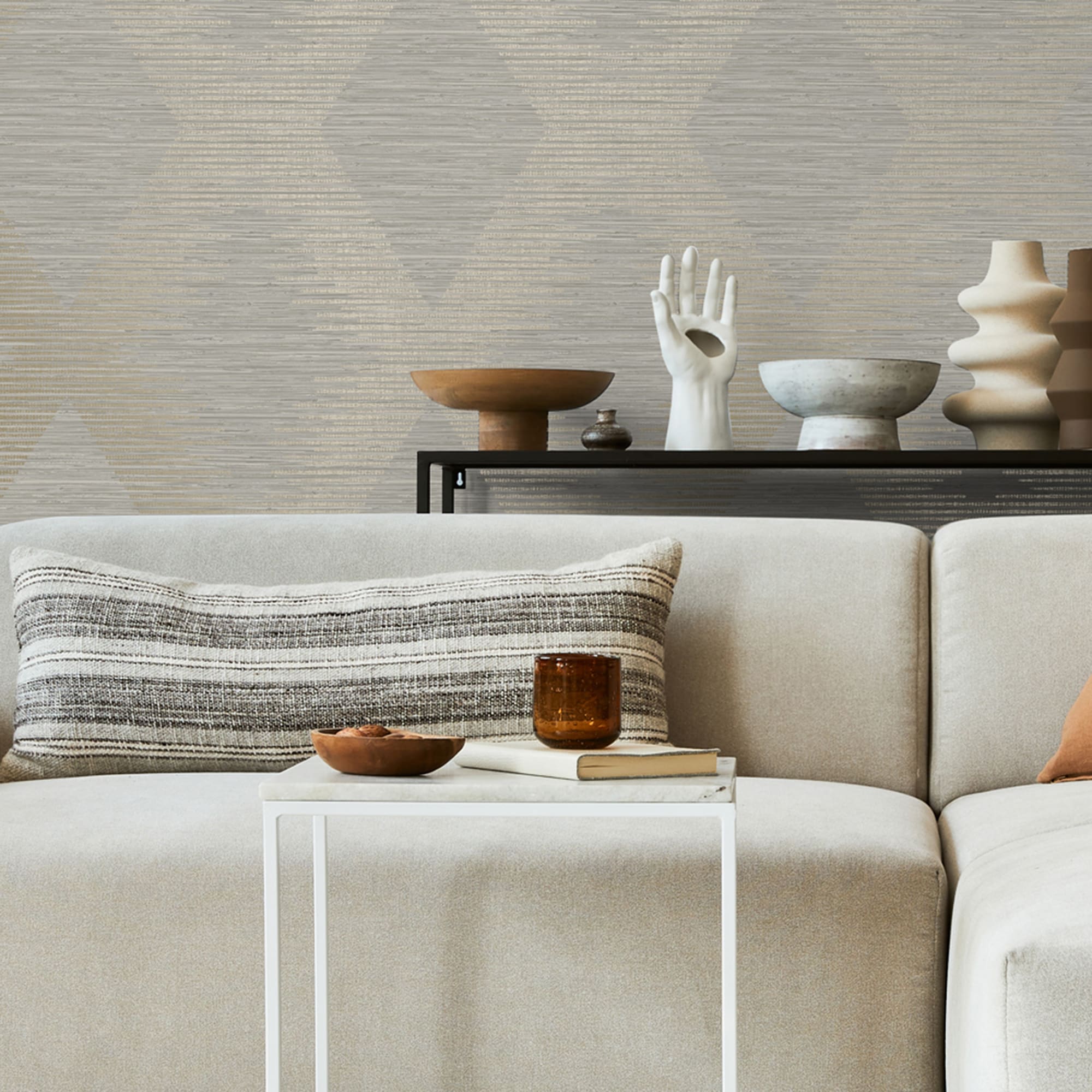 Neutral and Gold Geometric Grasscloth Wallpaper