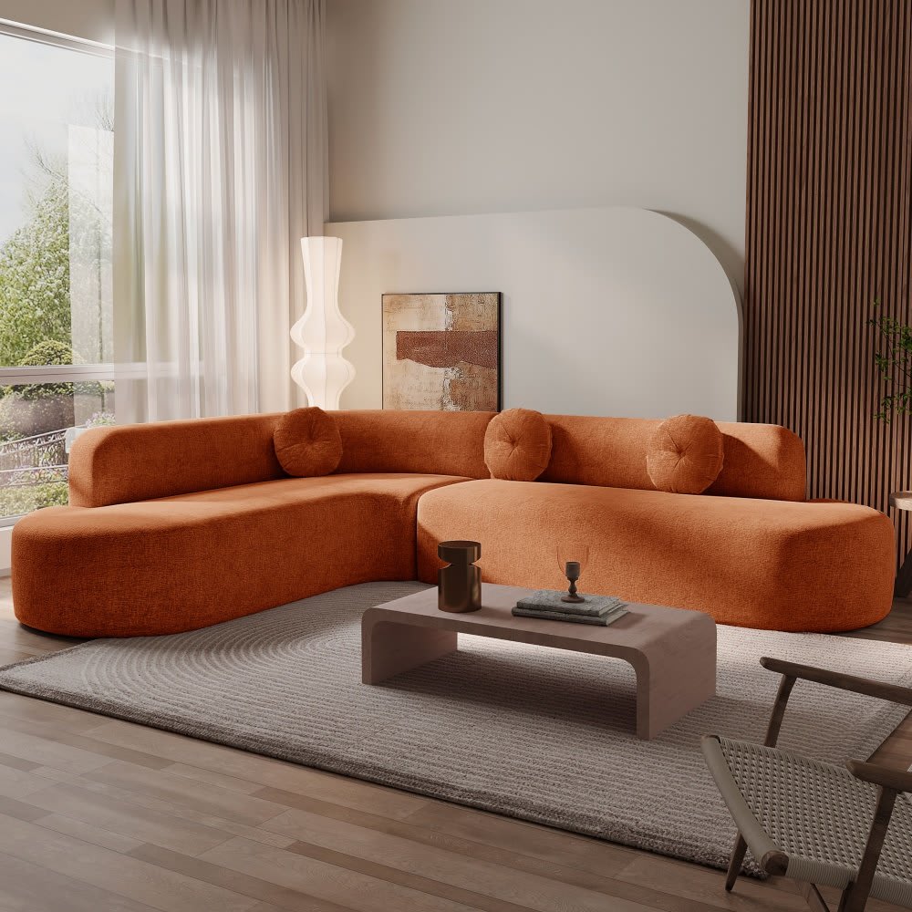 Coolbibila 122 Inch Orange Fabric Upholstery Sectional Sofa 4 Seat Cozy Corner Sofa for Living Room Curved High Resilience Foam Oversized Sectional Couch
