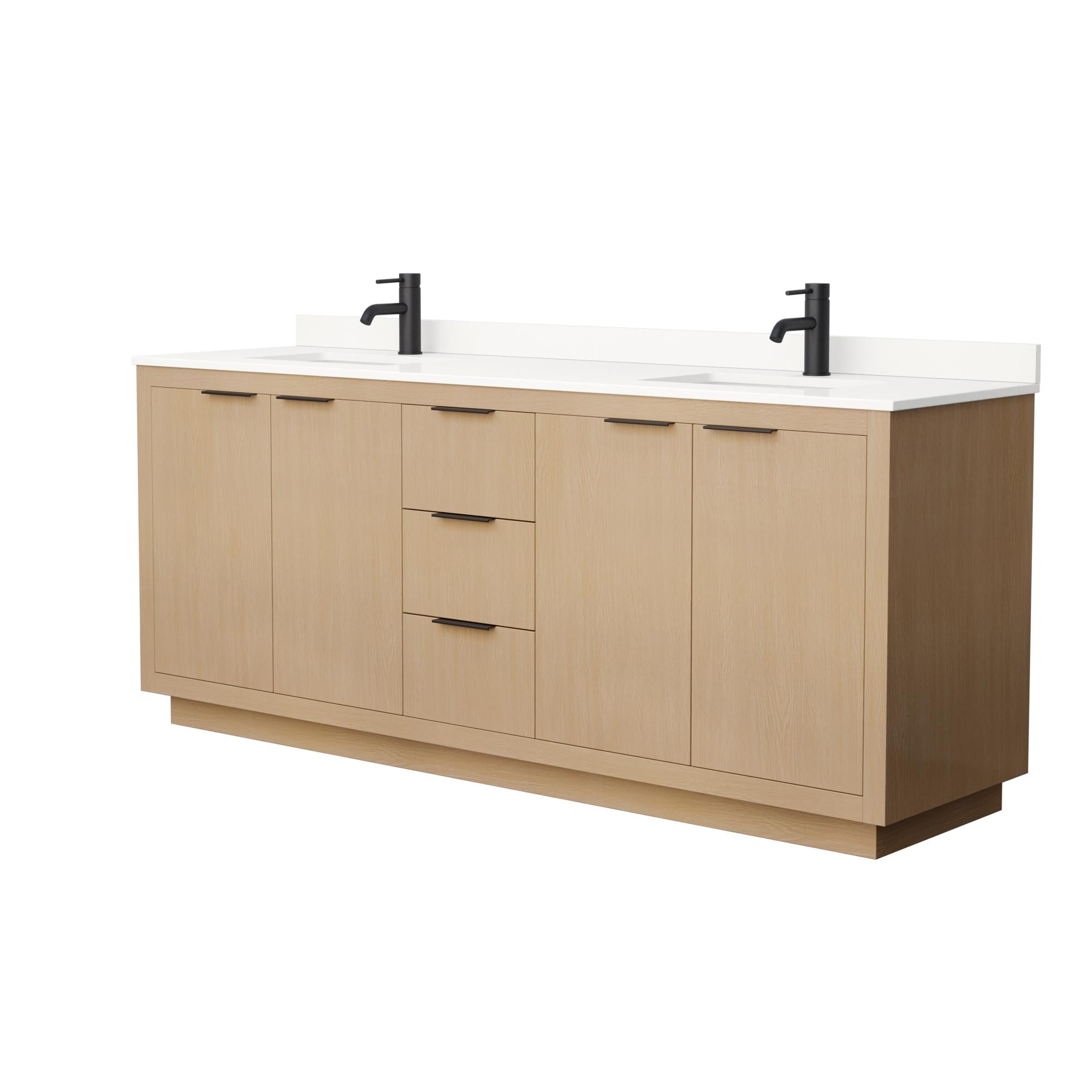 Wyndham Collection WCF282880DLBWQUNSMXX Maroni 80-in Light Straw with Matte Black Trim Undermount Double Sink Bathroom Vanity with White Quartz Quartz Top