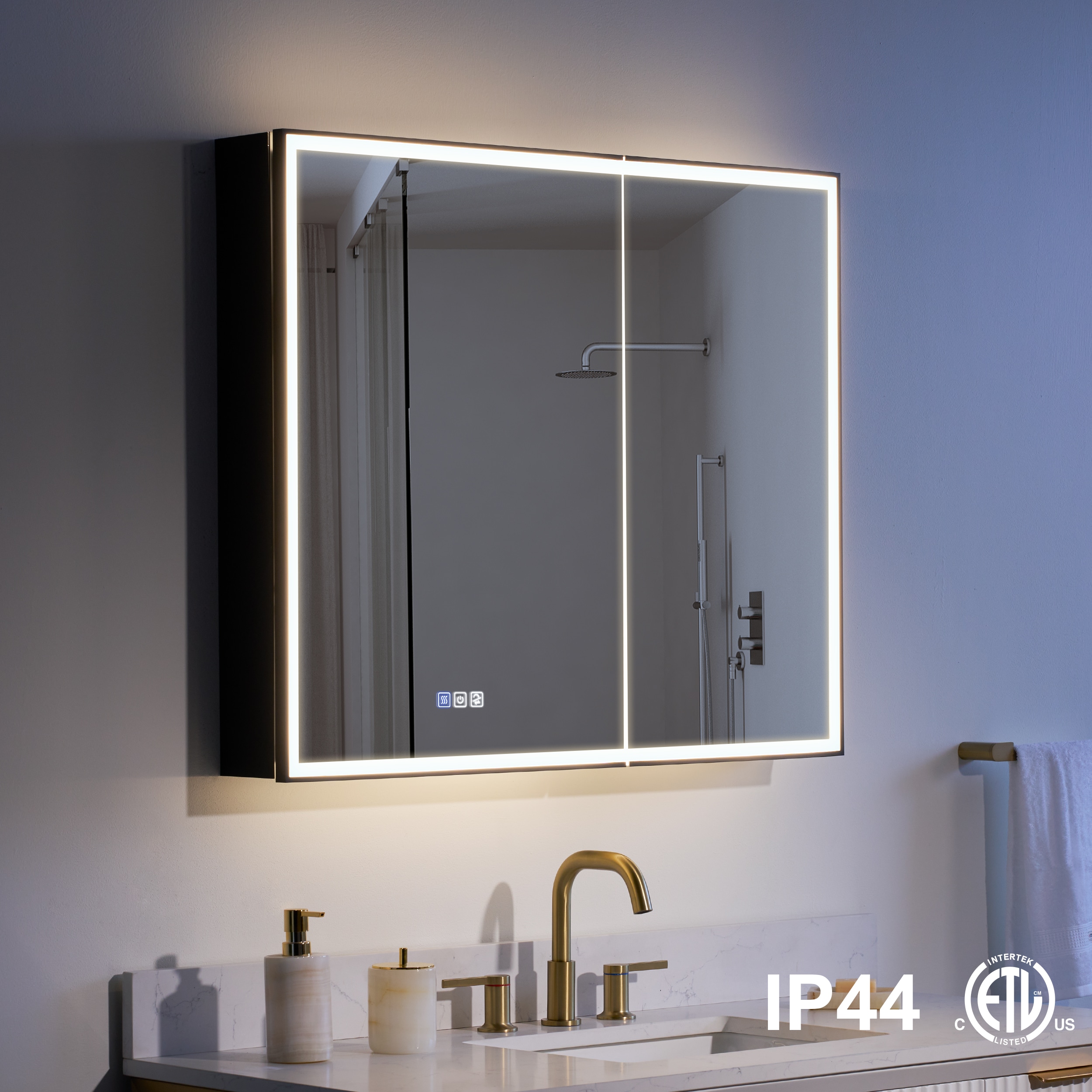 WELLFOR W12MCL3630 AYLA LED Lighted Medicine Cabinet 36-in x 30-in Lighted LED Fog Free Surface/Recessed Mount Black Rectangle Soft Close Medicine Cabinet with Outlet