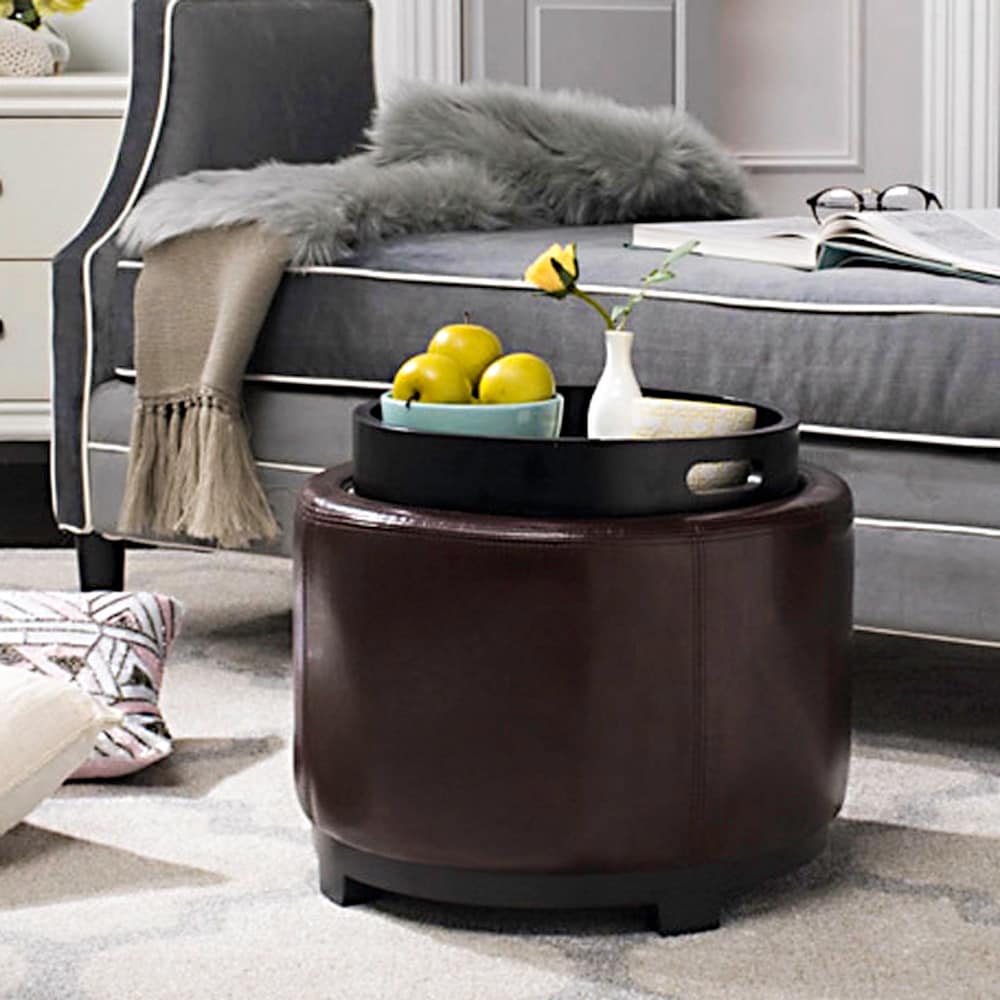 Transitional Cordovan Round Ottoman with Storage Tray