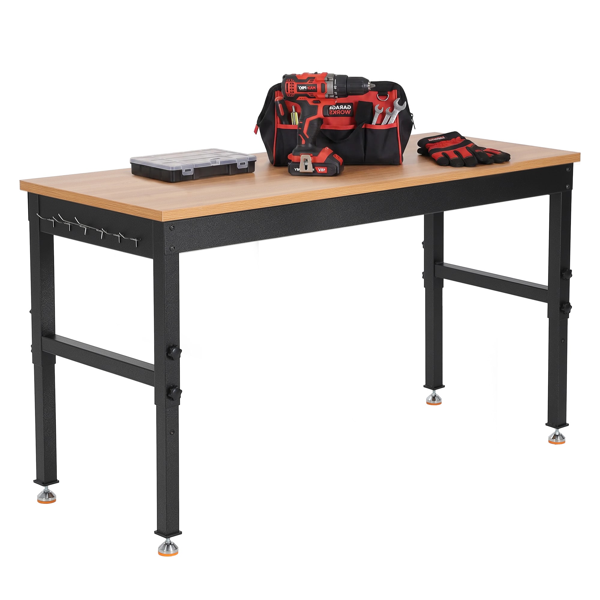 Aoile 72 Inch Adjustable Height Wood Top Workbench 2200 LBS Load Built In Power Strip With Tool Hooks