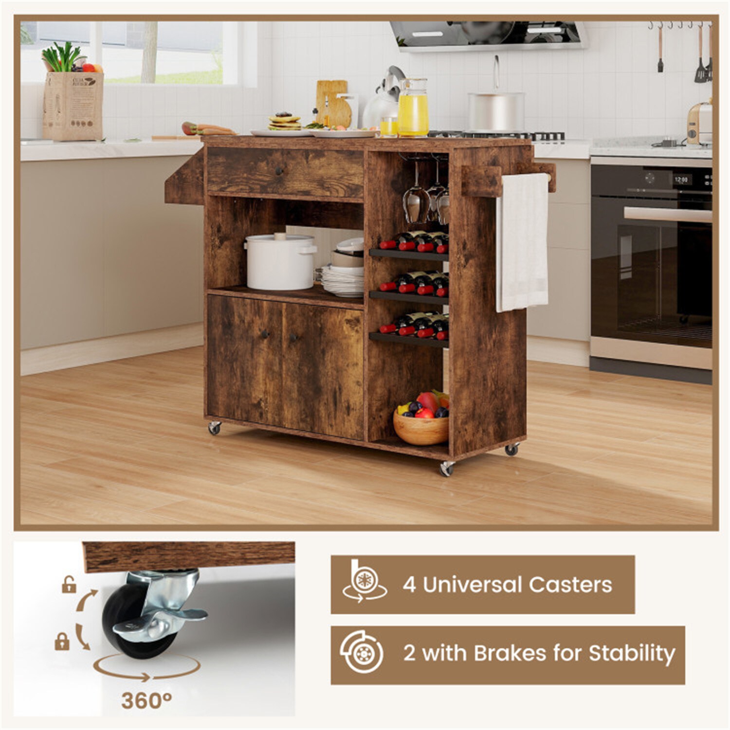 BABOOM Black Mdf Base with Wood Top Rolling Kitchen Island (17.72-in x 43.31-in x 33.27-in)