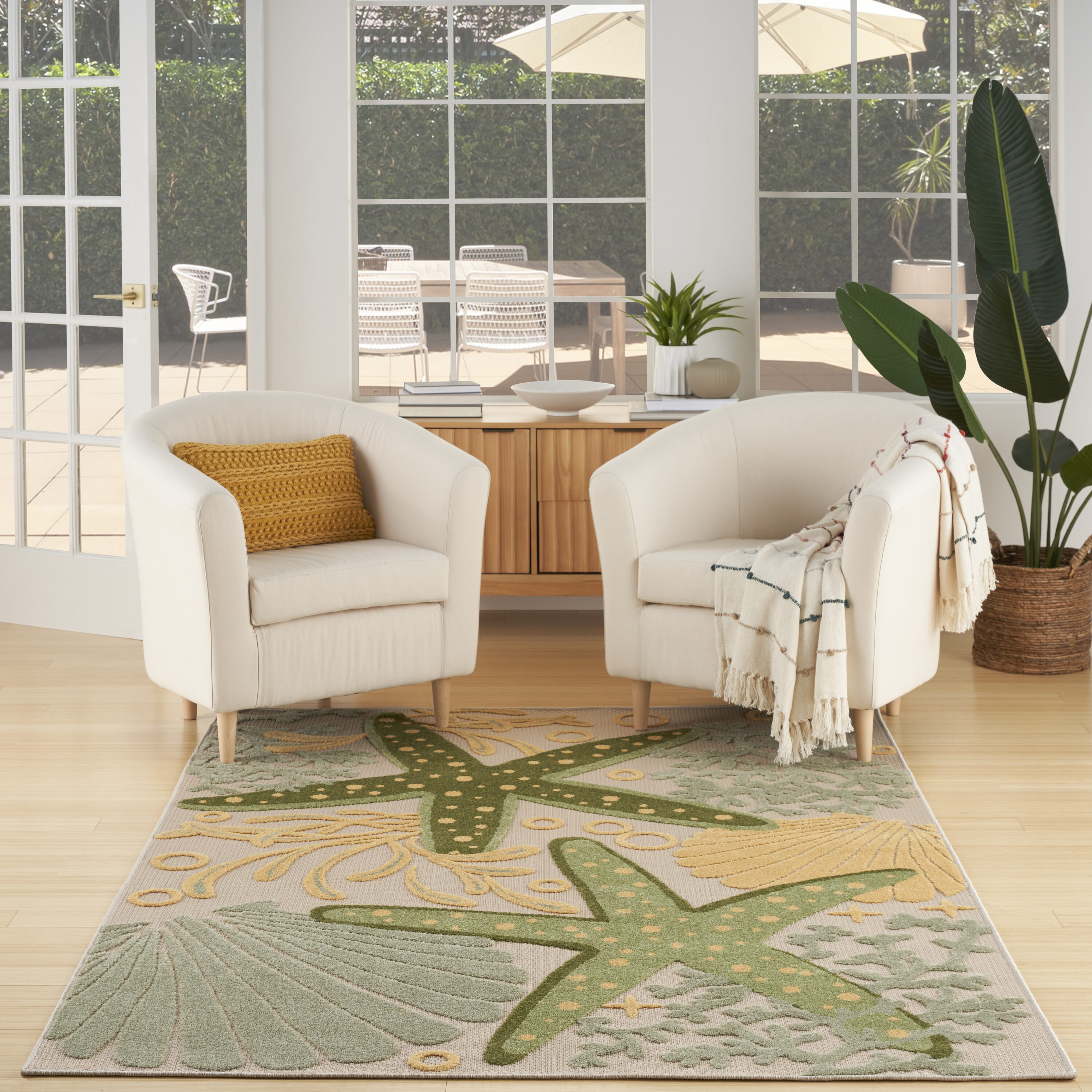 Nourison Home 099446953377 4 x 6 (ft) Loomed Polypropylene Green Yellow Rectangular Indoor/Outdoor Floral/Botanical Coastal Area rug