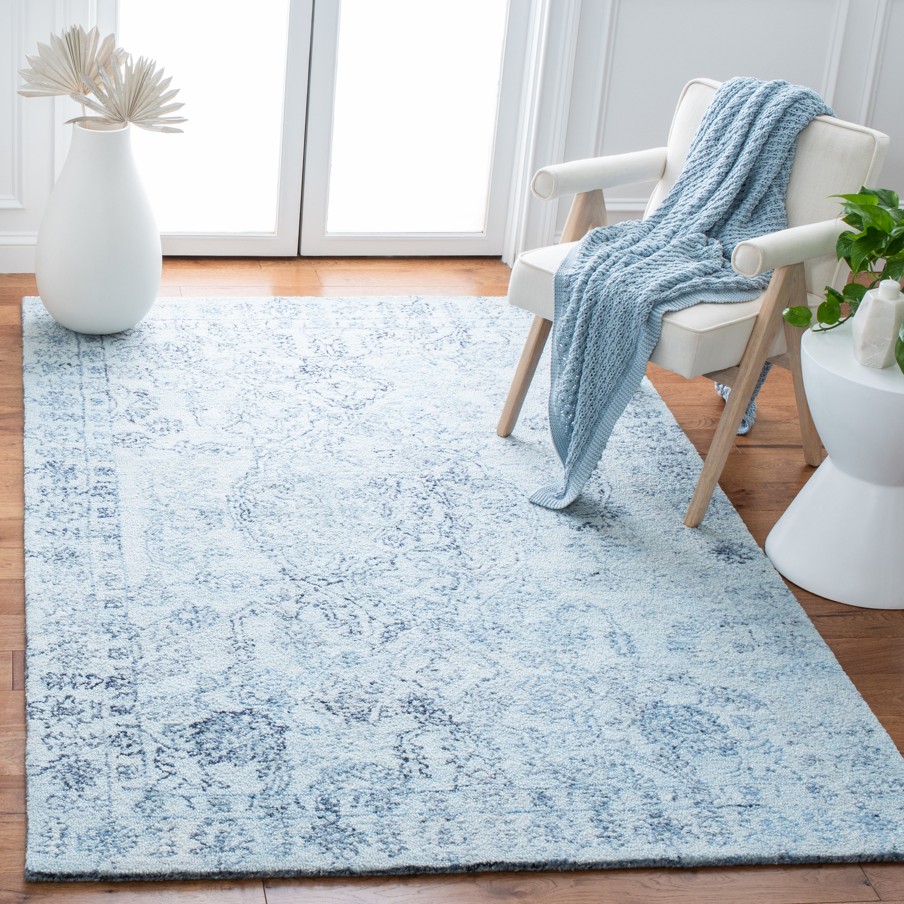 Light Blue Hand-Tufted Wool Square Area Rug, 6 x 6 ft