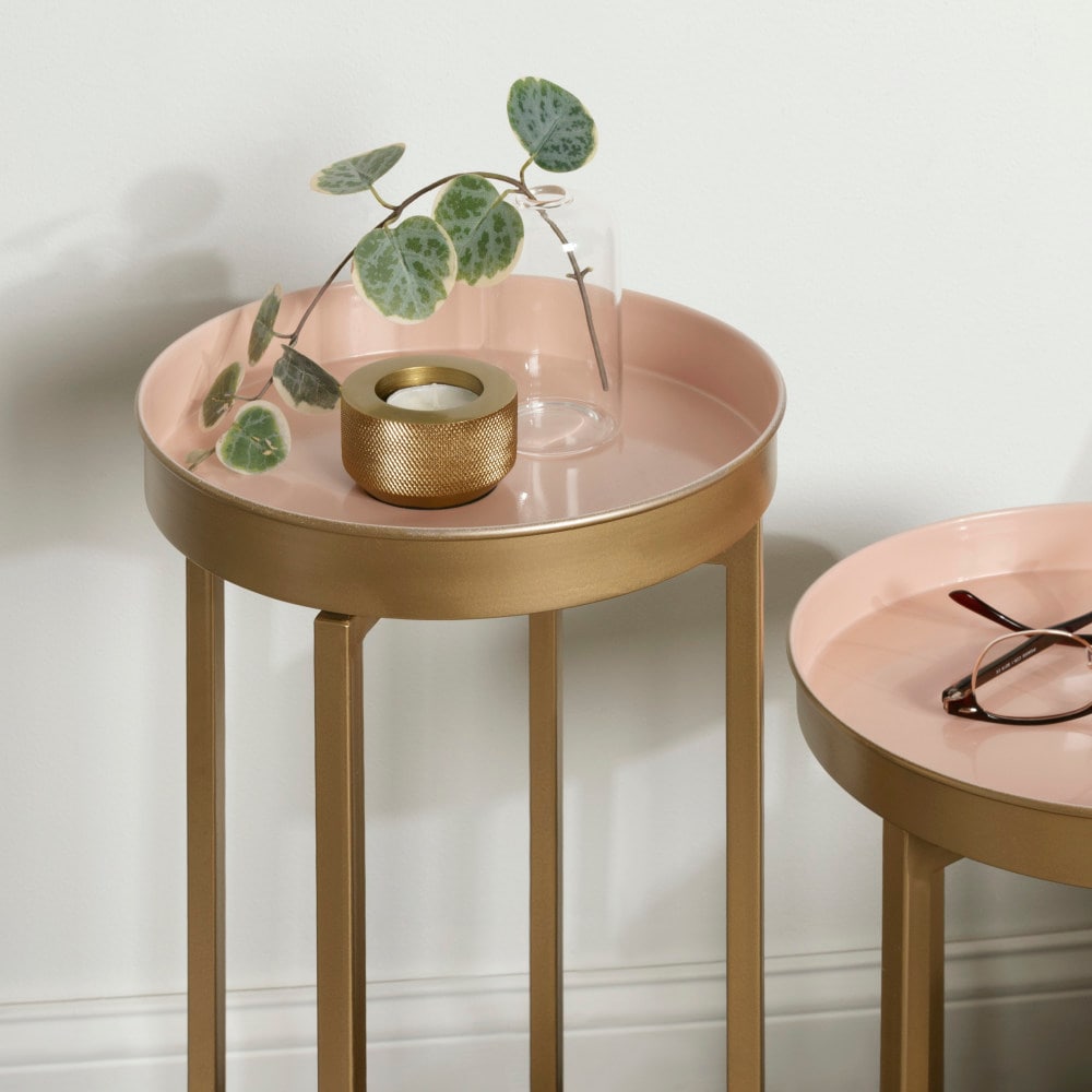Celia Pink and Gold Round Metal Foldable Tray Table Set