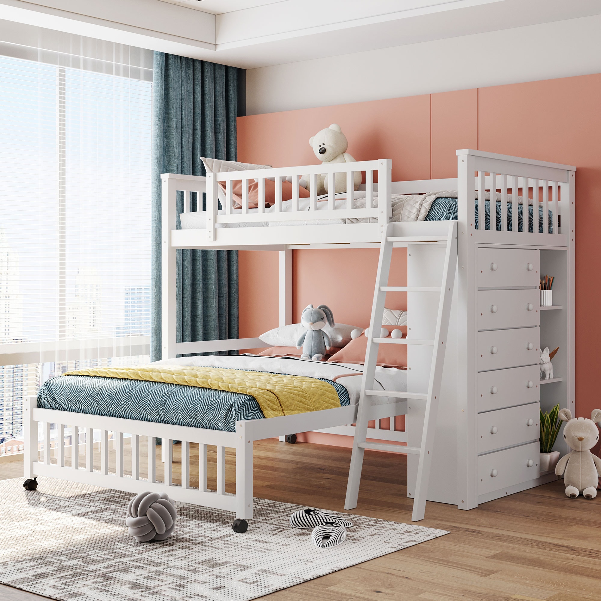 ModernLuxe LT001531AAK-1 Wooden Twin Over Full Bunk Bed With Six Drawers And Flexible ShelvesBottom Bed With WheelsWhite